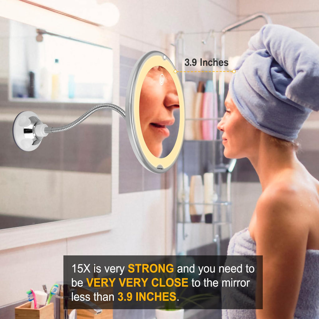 TOPVIRT Flexible 15X Magnifying Suction Mirror with Dimmable LED Vanity - Large