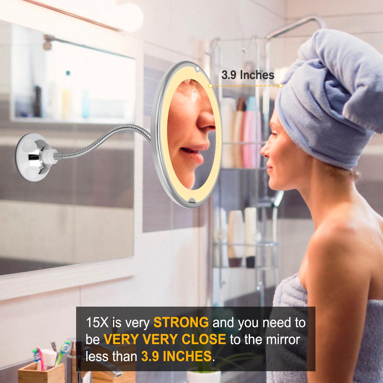TOPVIRT Flexible 15X Magnifying Suction Mirror with Dimmable LED Vanity - Large