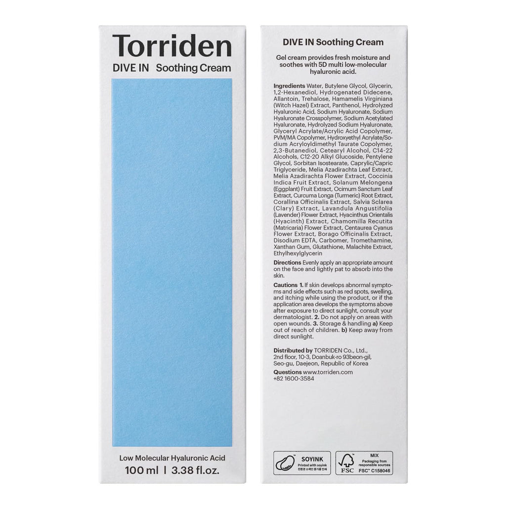 Torriden DIVE IN Hyaluronic Acid Soothing Cream Tube 100ml | Hydrating Moisturizer for Sensitive & Dry Skin