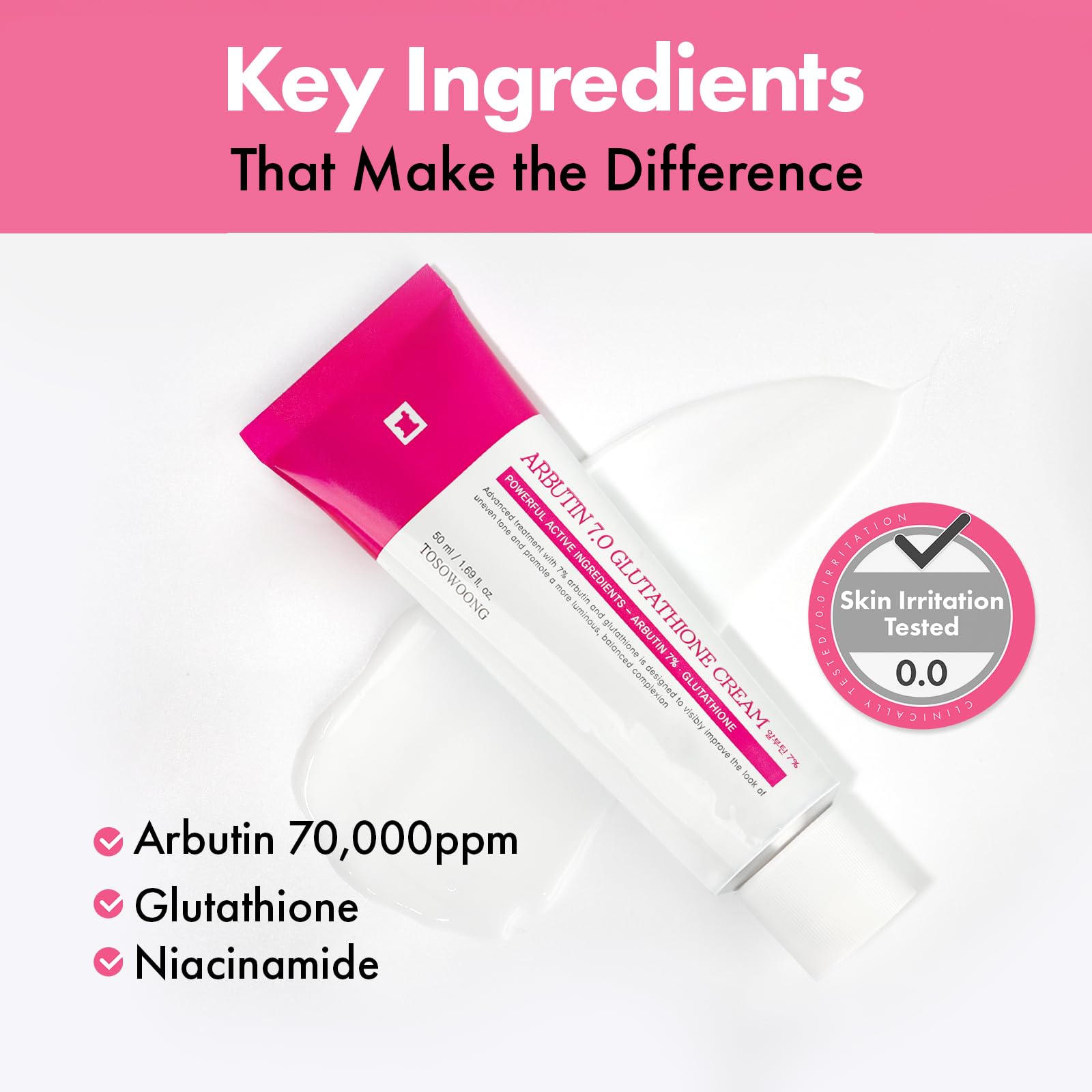 TOSOWOONG Arbutin 7% Glutathione Cream – 70,000ppm Arbutin, 5,001ppm Glutathione, Niacinamide, 50ml