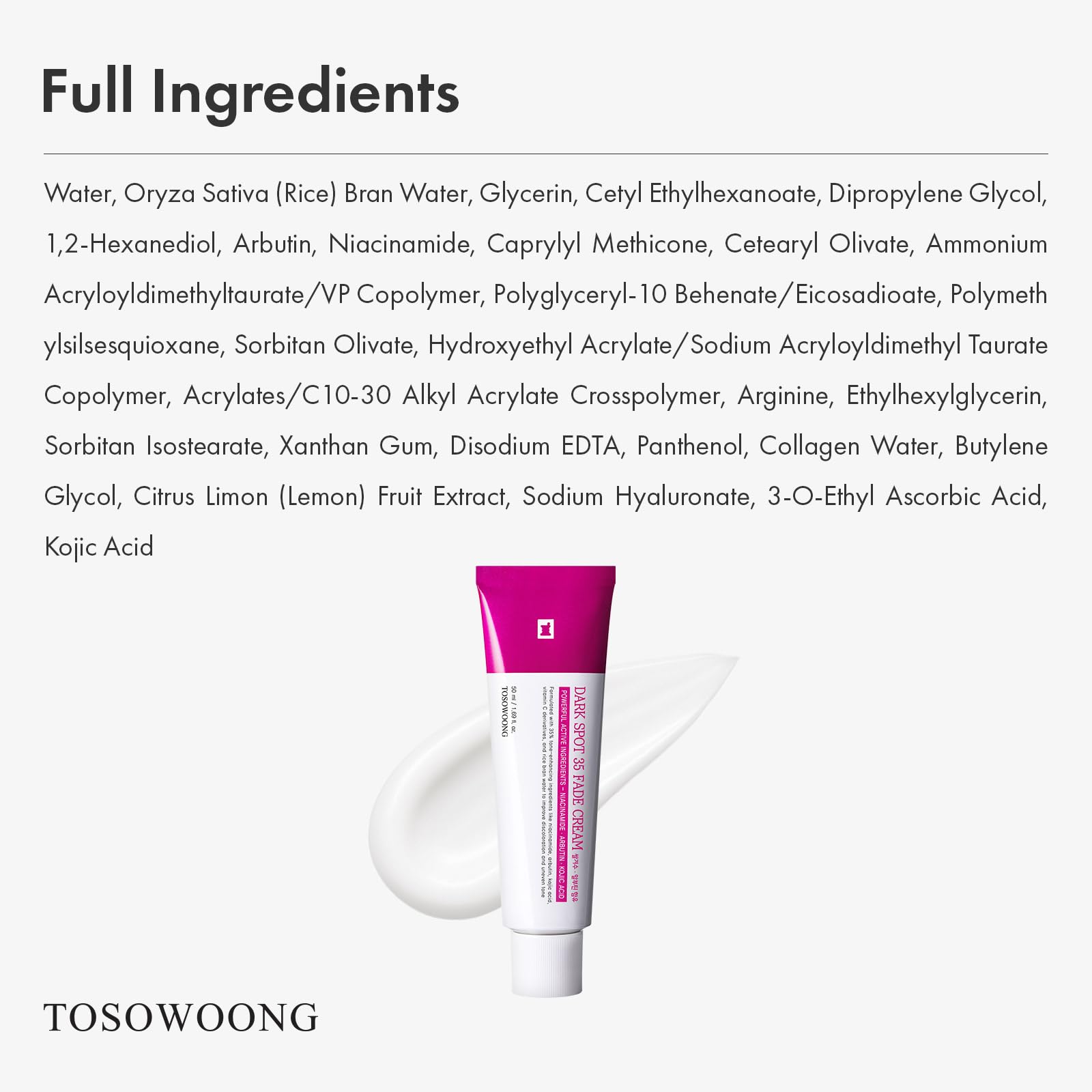TOSOWOONG Dark Spot 35 Fade Cream | Arbutin, Kojic Acid, Niacinamide - Korean Skincare 50ml