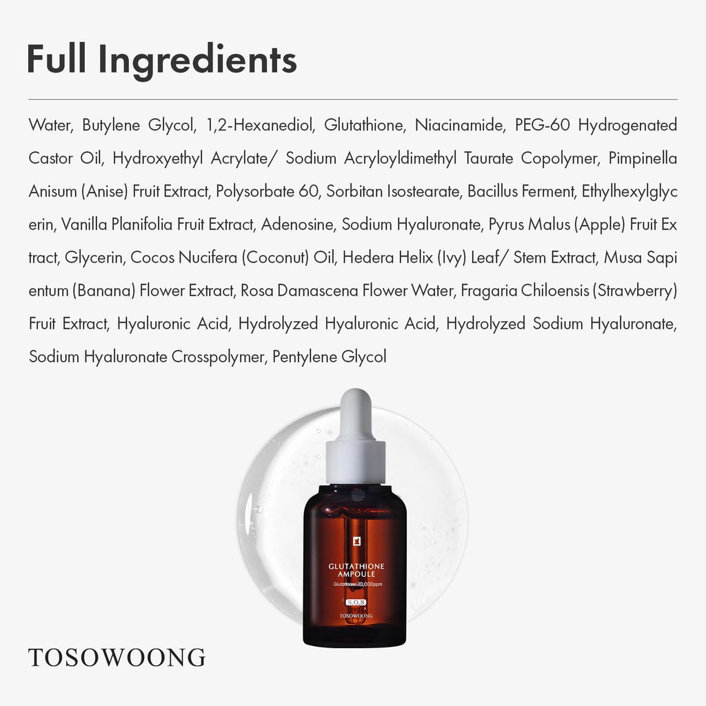 TOSOWOONG Glutathione Serum 20,000ppm with Niacinamide & Hyaluronic Acid – Dark Spots, Elasticity Support | Korean Skincare | 2.02 fl oz