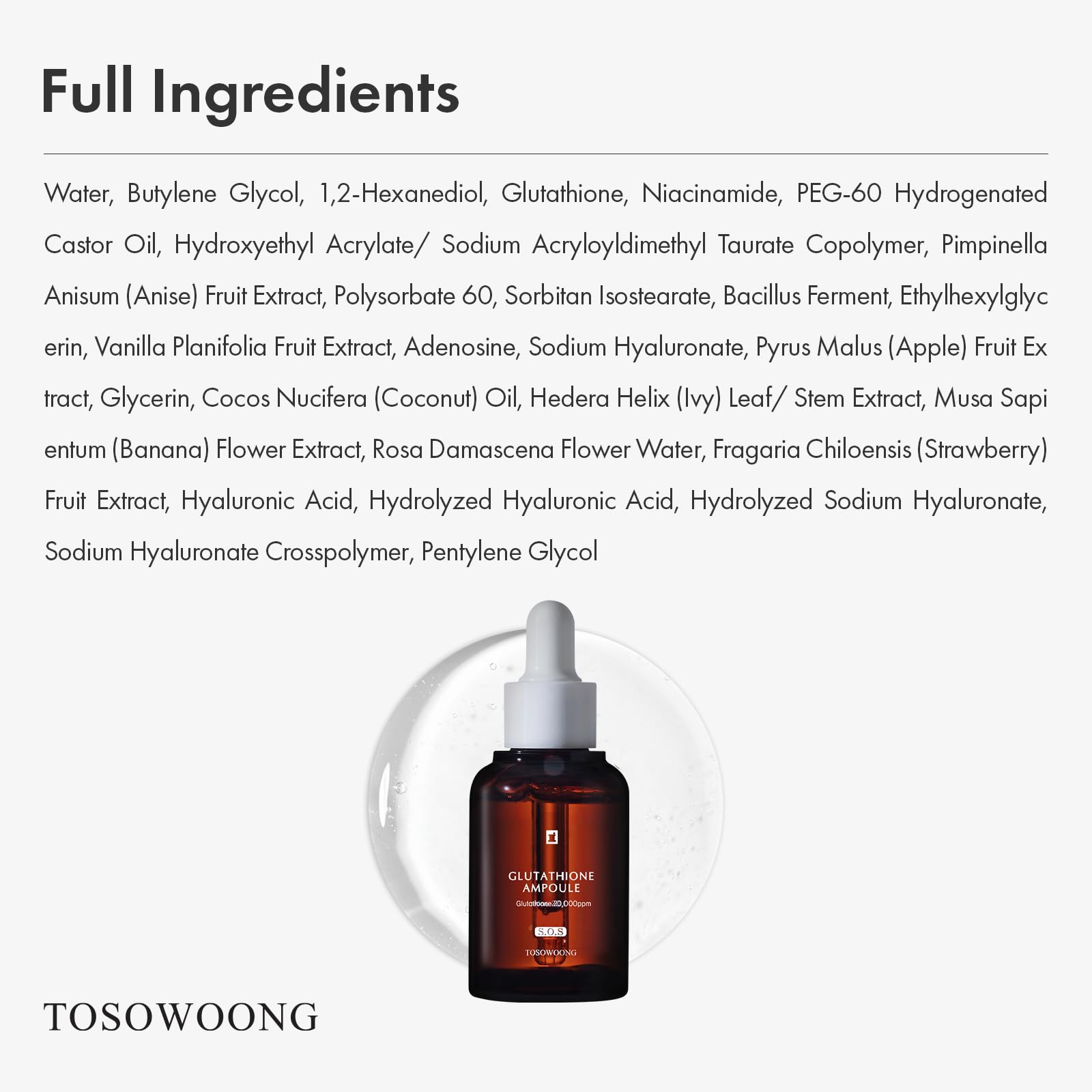 TOSOWOONG Glutathione Serum 20,000ppm with Niacinamide & Hyaluronic Acid – Dark Spots, Elasticity Support | Korean Skincare | 2.02 fl oz
