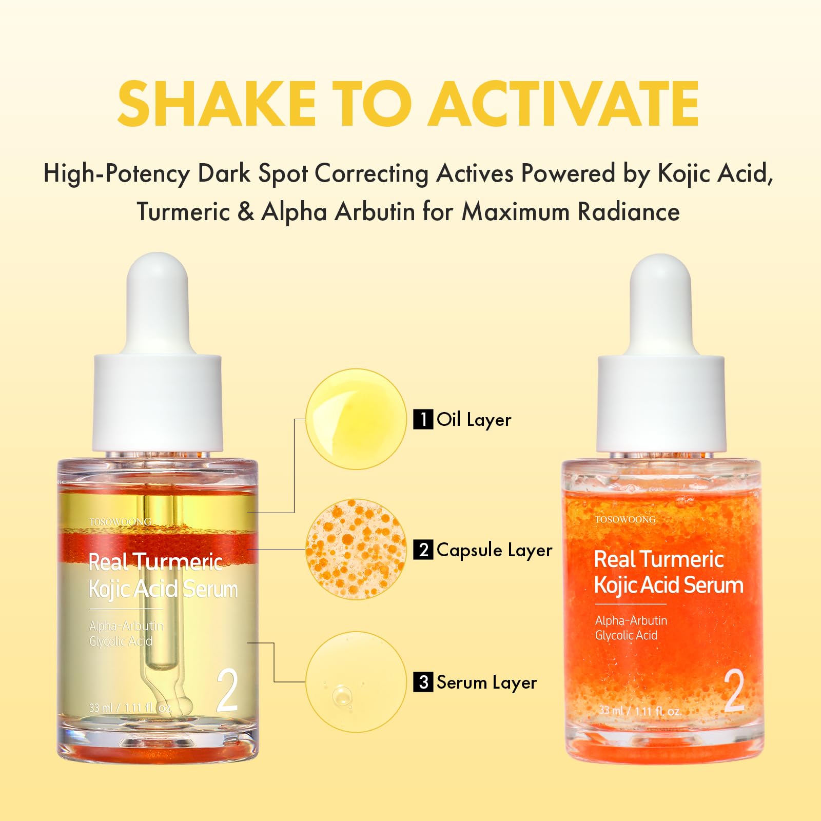 TOSOWOONG Real Turmeric Kojic Acid Serum – Brightening Serum with 7,000ppm Kojic Acid, 1,500ppm Turmeric, 33ml