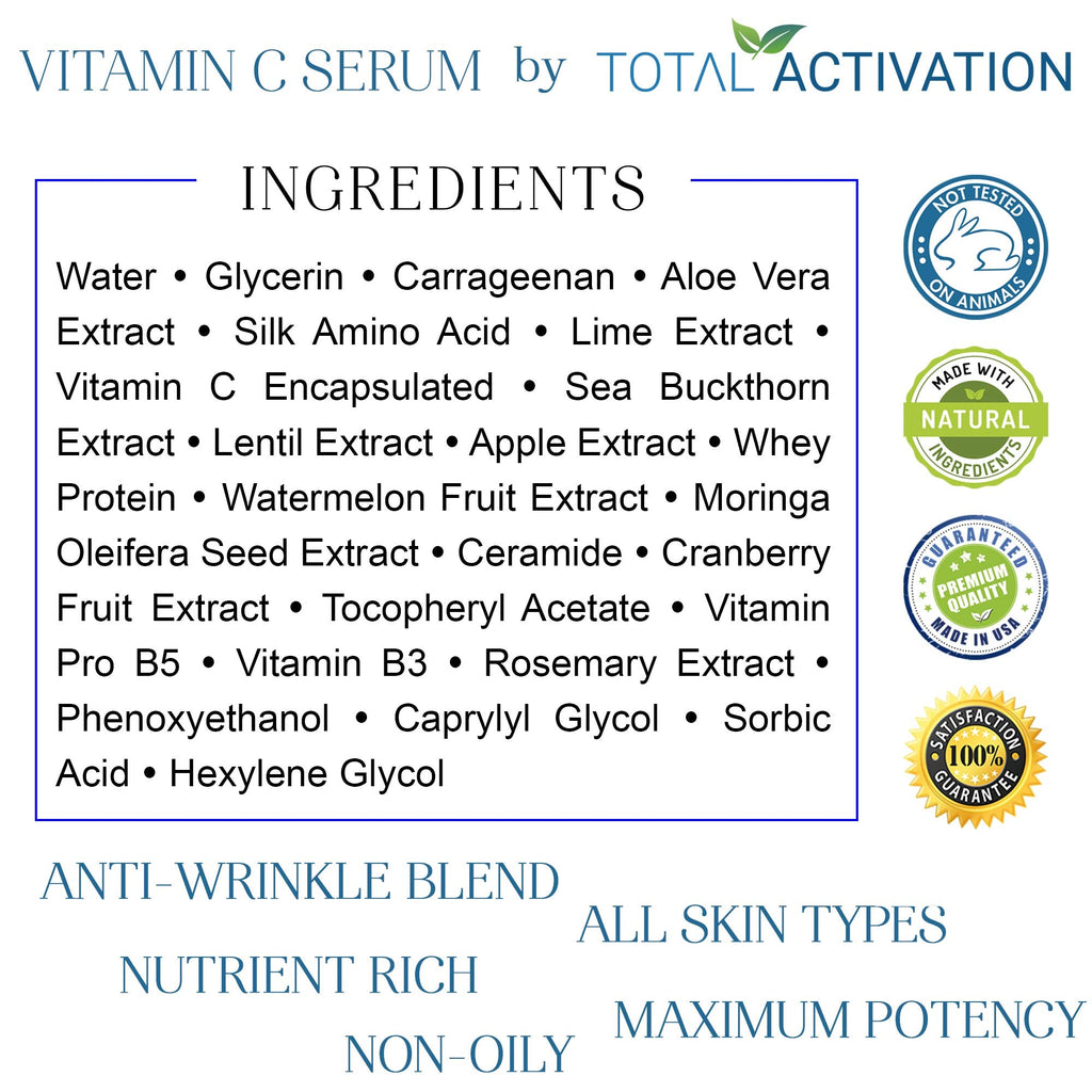 Total Activation Vitamin C Serum with Aloe Vera & Vitamin E — Hydrating Serum 2oz