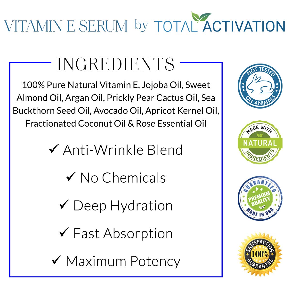 Total Activation Vitamin E Serum – Organic 100% Pure Cold-Pressed Vitamin E Oil for Skin, Hair & Nails – 4 oz
