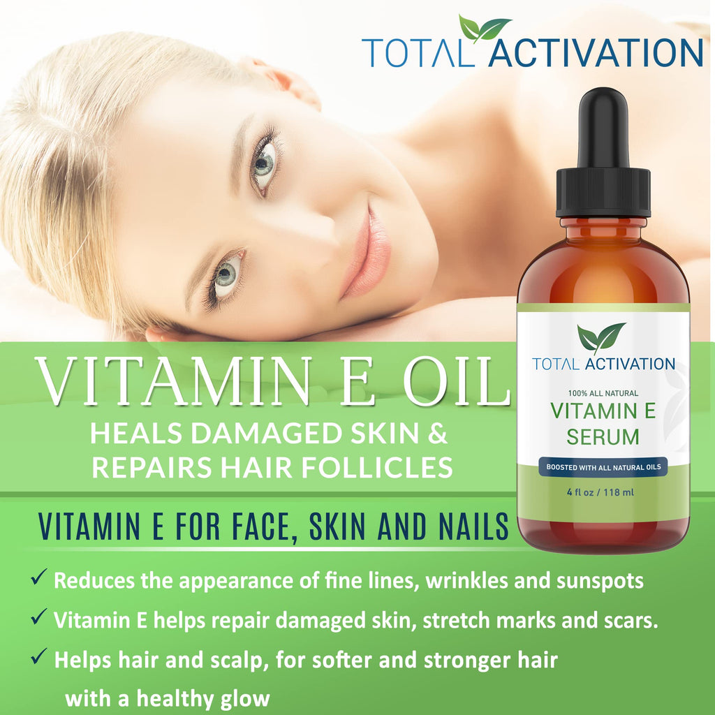 Total Activation Vitamin E Serum – Organic 100% Pure Cold-Pressed Vitamin E Oil for Skin, Hair & Nails – 4 oz