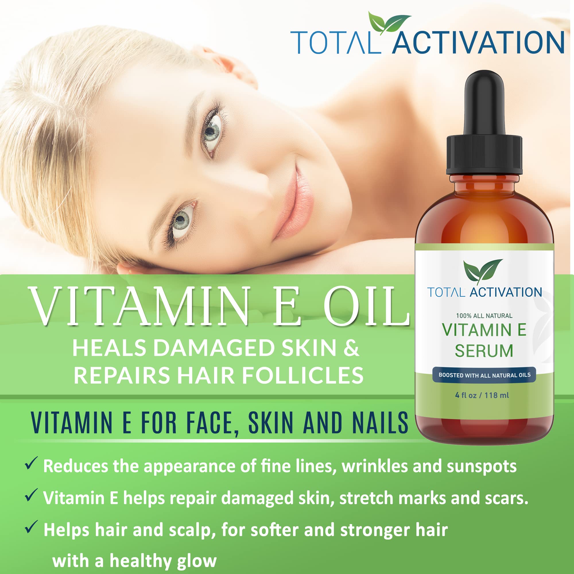 Total Activation Vitamin E Serum – Organic 100% Pure Cold-Pressed Vitamin E Oil for Skin, Hair & Nails – 4 oz