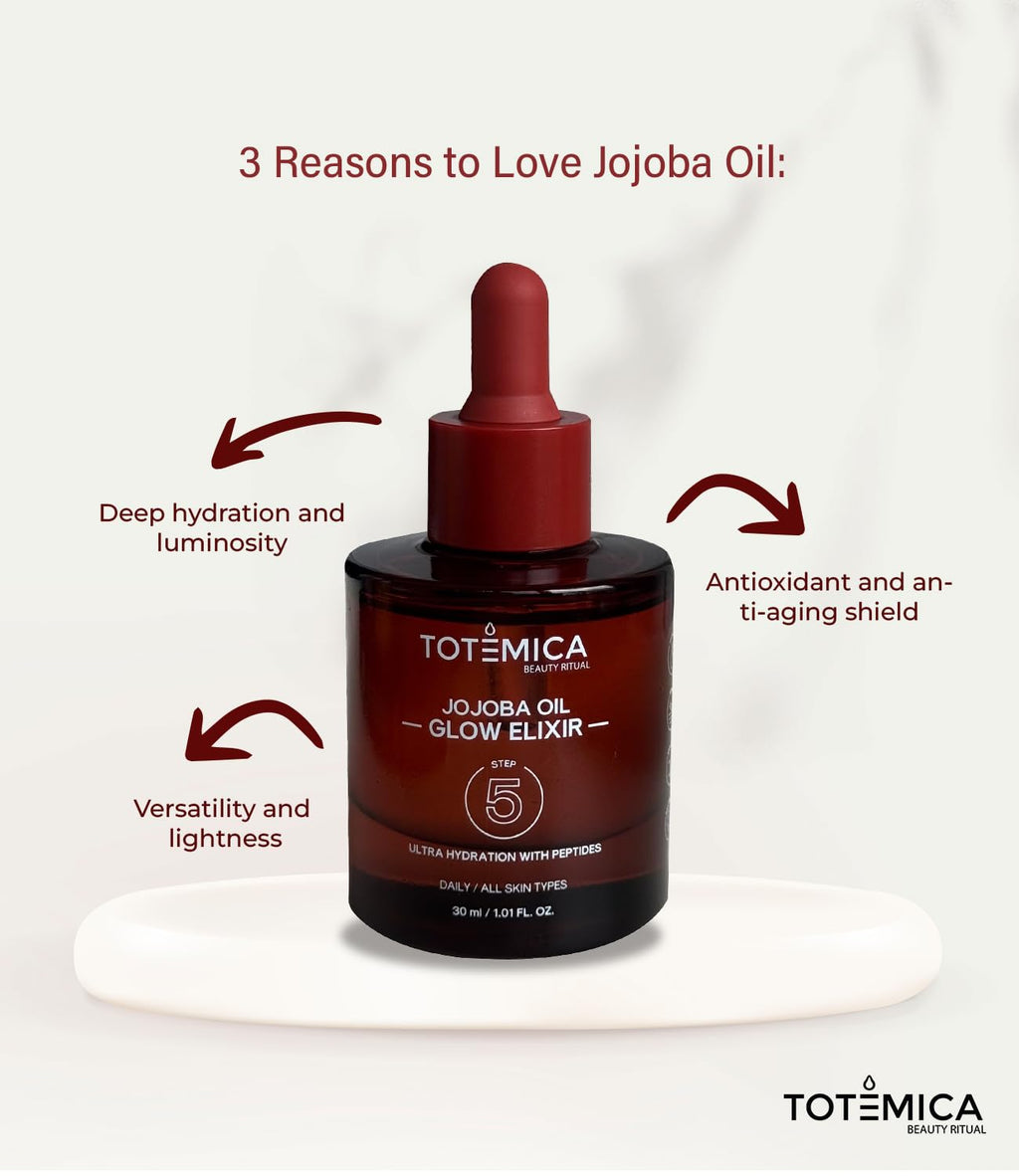 TOTEMICA Organic Jojoba Oil Glow Elixir – Hydrating Face Oil with Peptides | Vegan, Non-Comedogenic for Face, Body & Hair (1.01 Fl Oz)