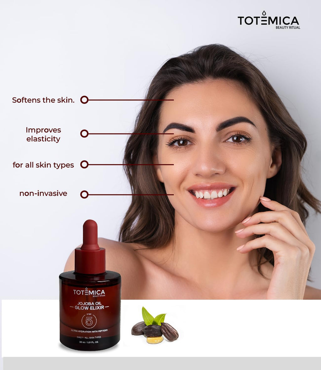 TOTEMICA Organic Jojoba Oil Glow Elixir – Hydrating Face Oil with Peptides | Vegan, Non-Comedogenic for Face, Body & Hair (1.01 Fl Oz)