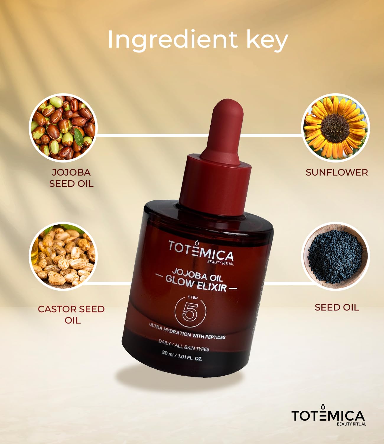 TOTEMICA Organic Jojoba Oil Glow Elixir – Hydrating Face Oil with Peptides | Vegan, Non-Comedogenic for Face, Body & Hair (1.01 Fl Oz)