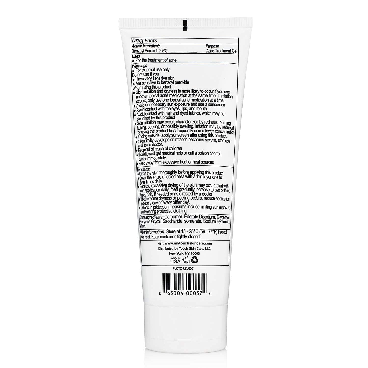 Touch Benzoyl Peroxide 2.5% Gel Cream for Acne – Lightweight, Non-Drying, 8 oz