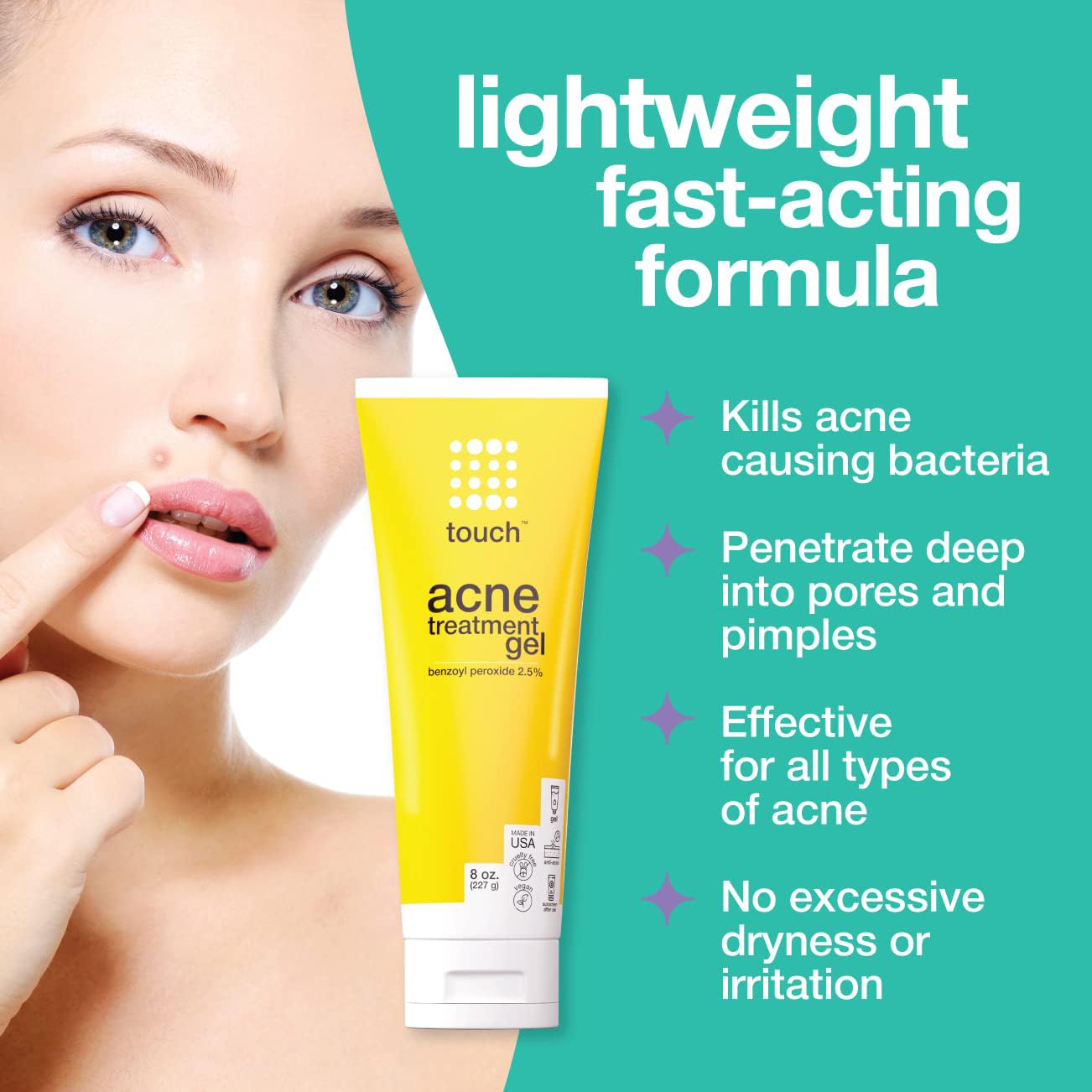 Touch Benzoyl Peroxide 2.5% Gel Cream for Acne – Lightweight, Non-Drying, 8 oz