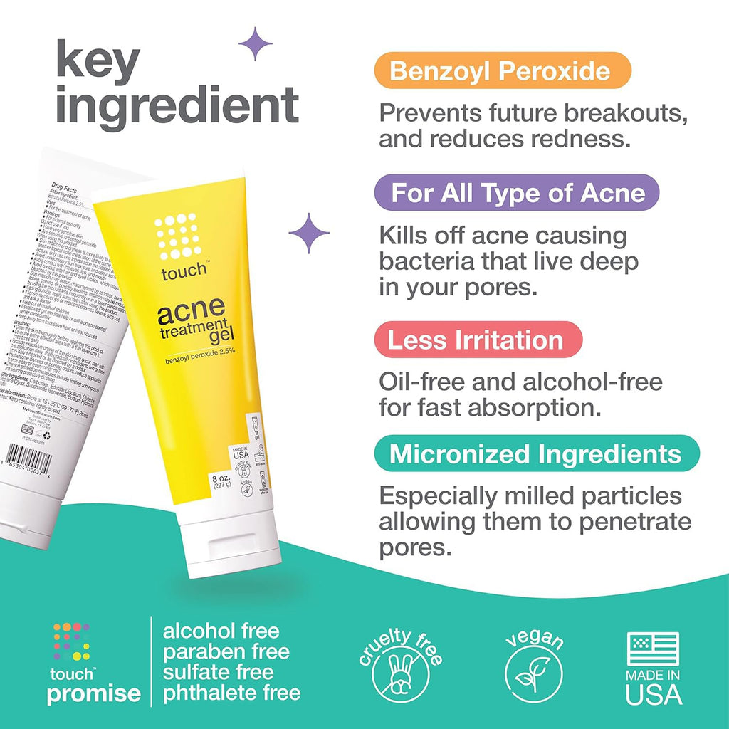 Touch Benzoyl Peroxide 2.5% Gel Cream for Acne – Lightweight, Non-Drying, 8 oz