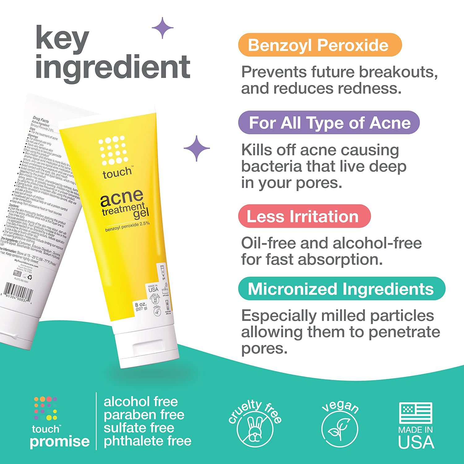 Touch Benzoyl Peroxide 2.5% Gel Cream for Acne – Lightweight, Non-Drying, 8 oz