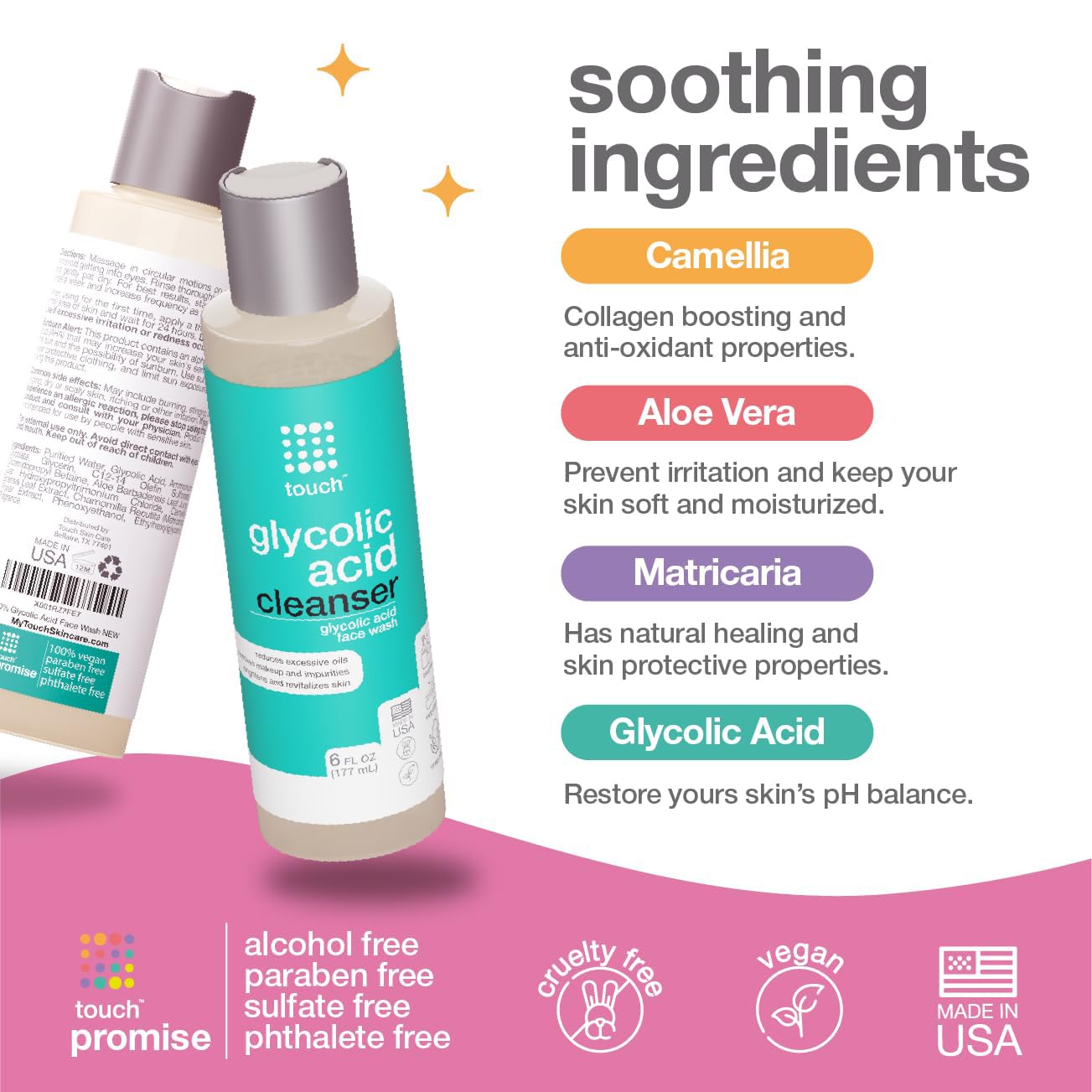TOUCH 10% Glycolic Acid Face Wash – Exfoliating Foaming Cleanser, 6 oz