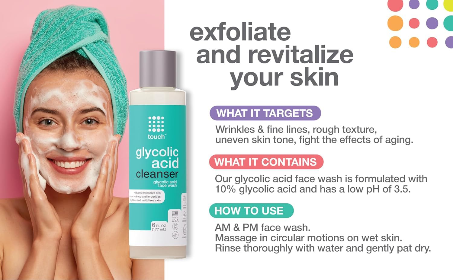 TOUCH 10% Glycolic Acid Face Wash – Exfoliating Foaming Cleanser, 6 oz