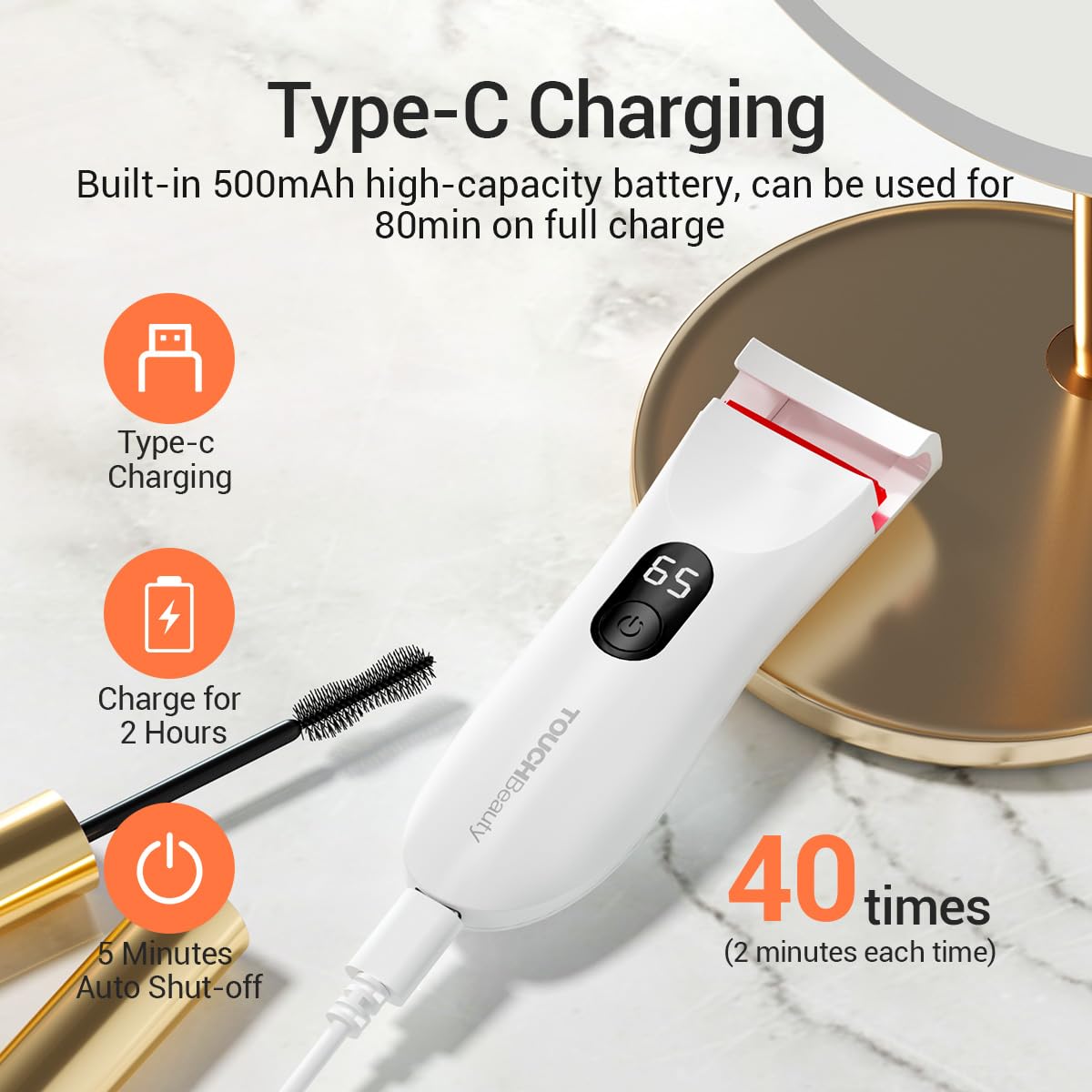 TOUCHBeauty Heated Eyelash Curler AG-2316 – LED Display, 3-Level Temperature, USB Rechargeable