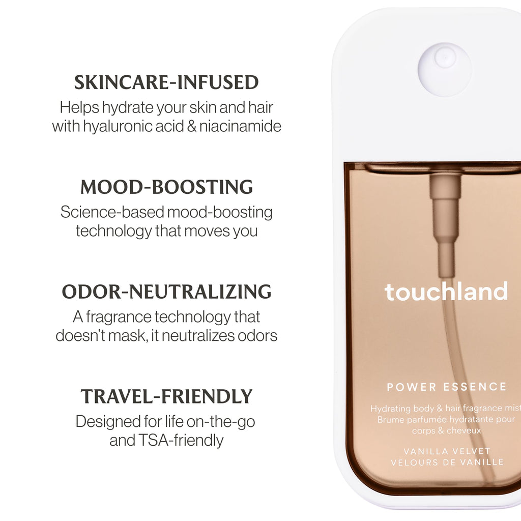 Touchland Vanilla Indulgence Travel Set: Vanilla Velvet Body & Hair Mist (2 oz) + Vanilla Blossom Hand Sanitizer (1 oz)