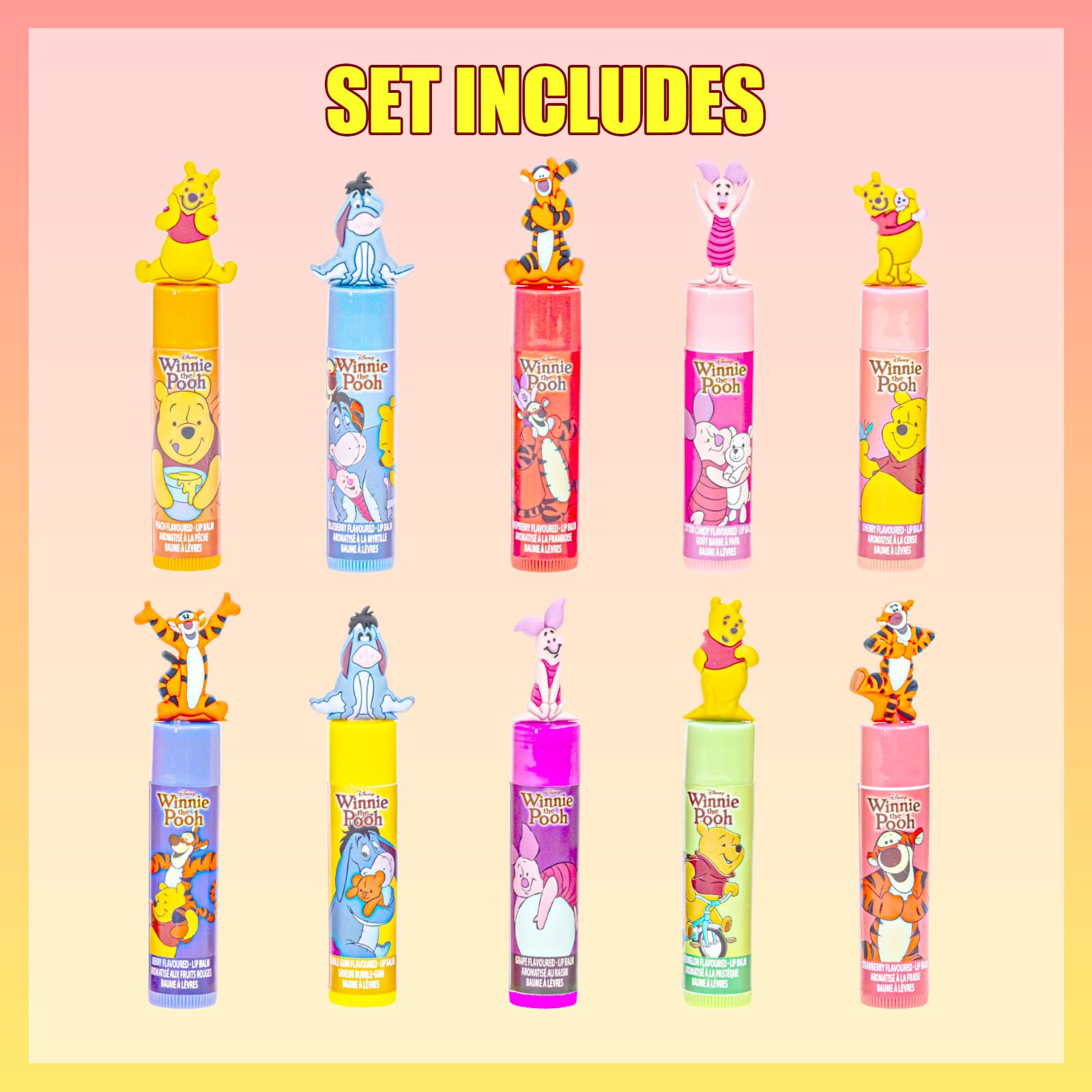 Townley Girl Winnie the Pooh 10-Piece Plant-Based Lip Balm Set – Kid-Friendly Gift
