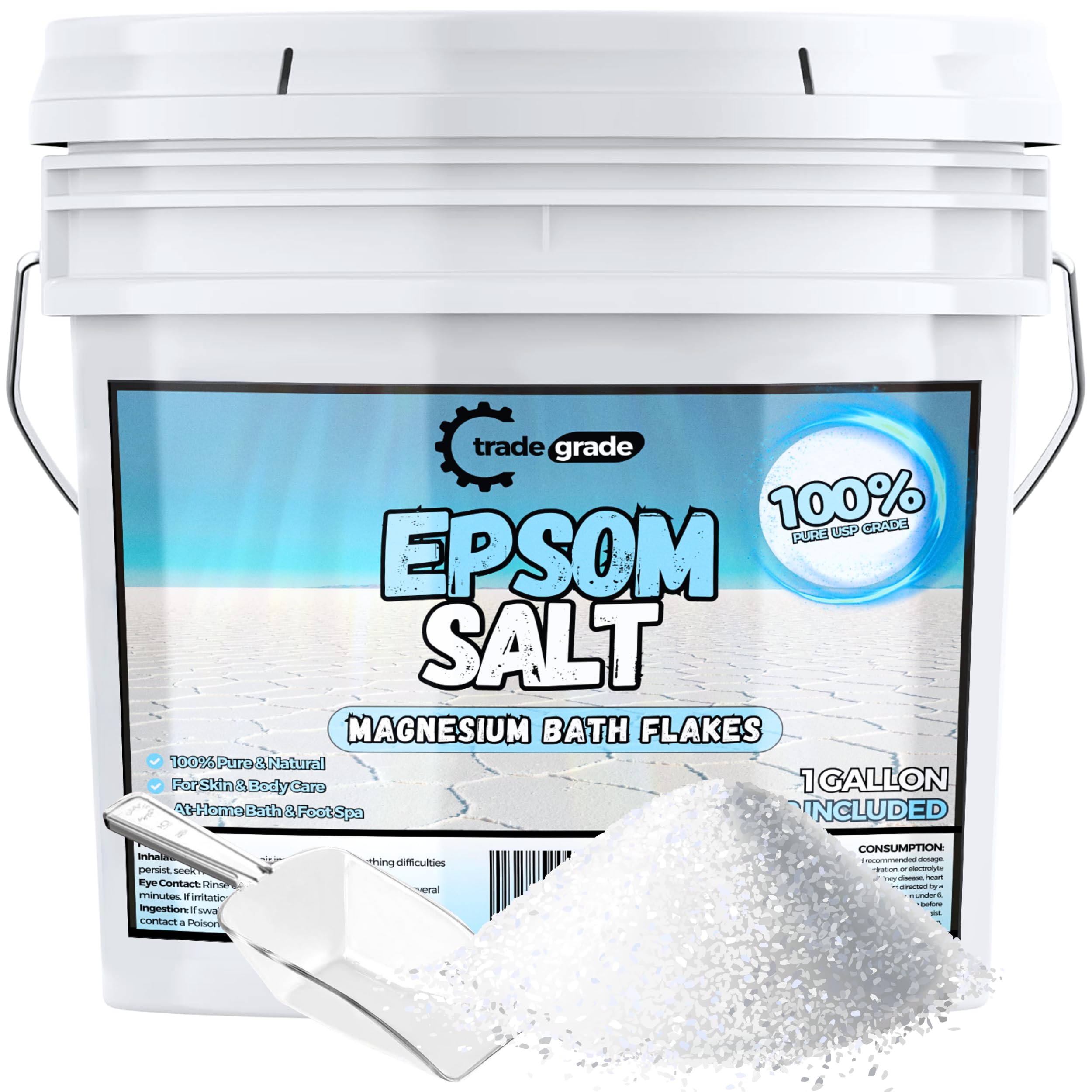 Trade Grade Epsom Salt – Pure Magnesium Sulfate for Soaking & Relaxation (1 Gallon Bucket with Scoop)