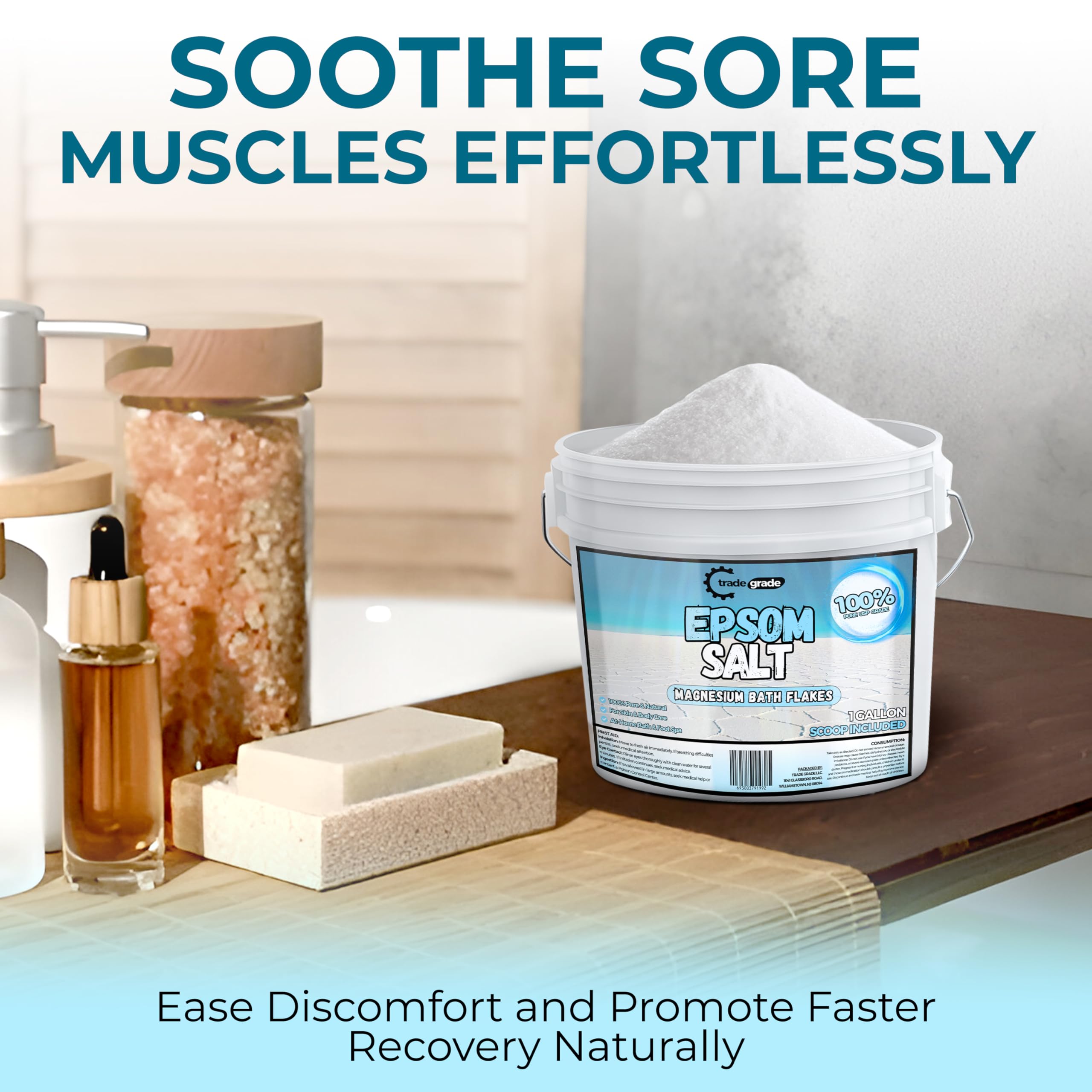 Trade Grade Epsom Salt – Pure Magnesium Sulfate for Soaking & Relaxation (1 Gallon Bucket with Scoop)