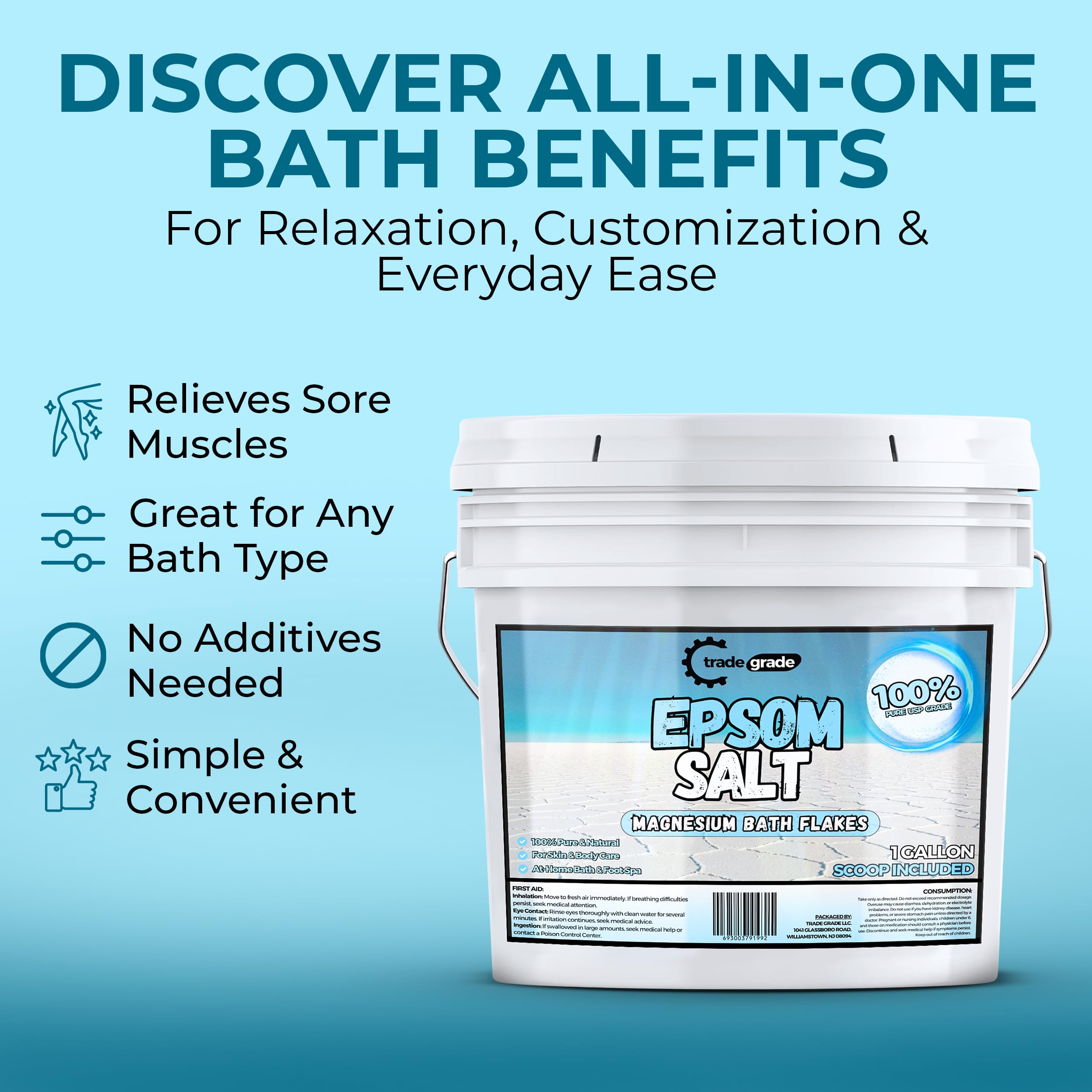Trade Grade Epsom Salt – Pure Magnesium Sulfate for Soaking & Relaxation (1 Gallon Bucket with Scoop)