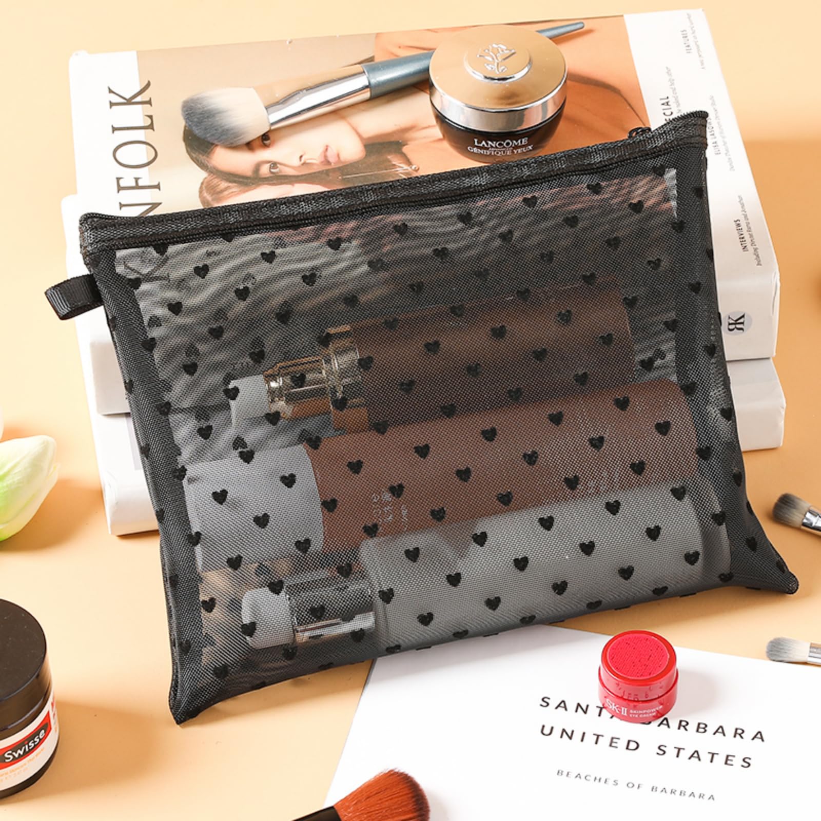 TRAKWAN 4-Piece Heart-Printed Mesh Makeup Bag Set – Black Portable Travel Pouches
