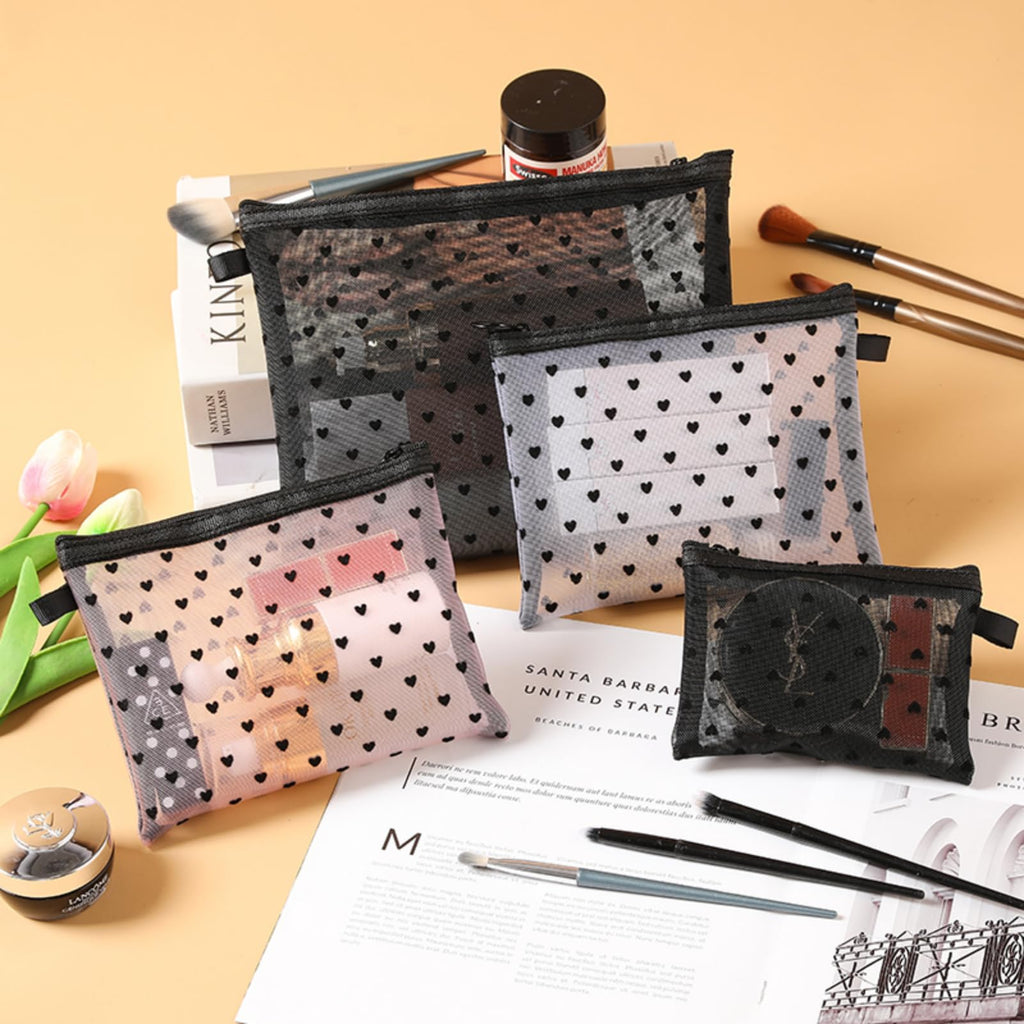 TRAKWAN 4-Piece Heart-Printed Mesh Makeup Bag Set – Black Portable Travel Pouches