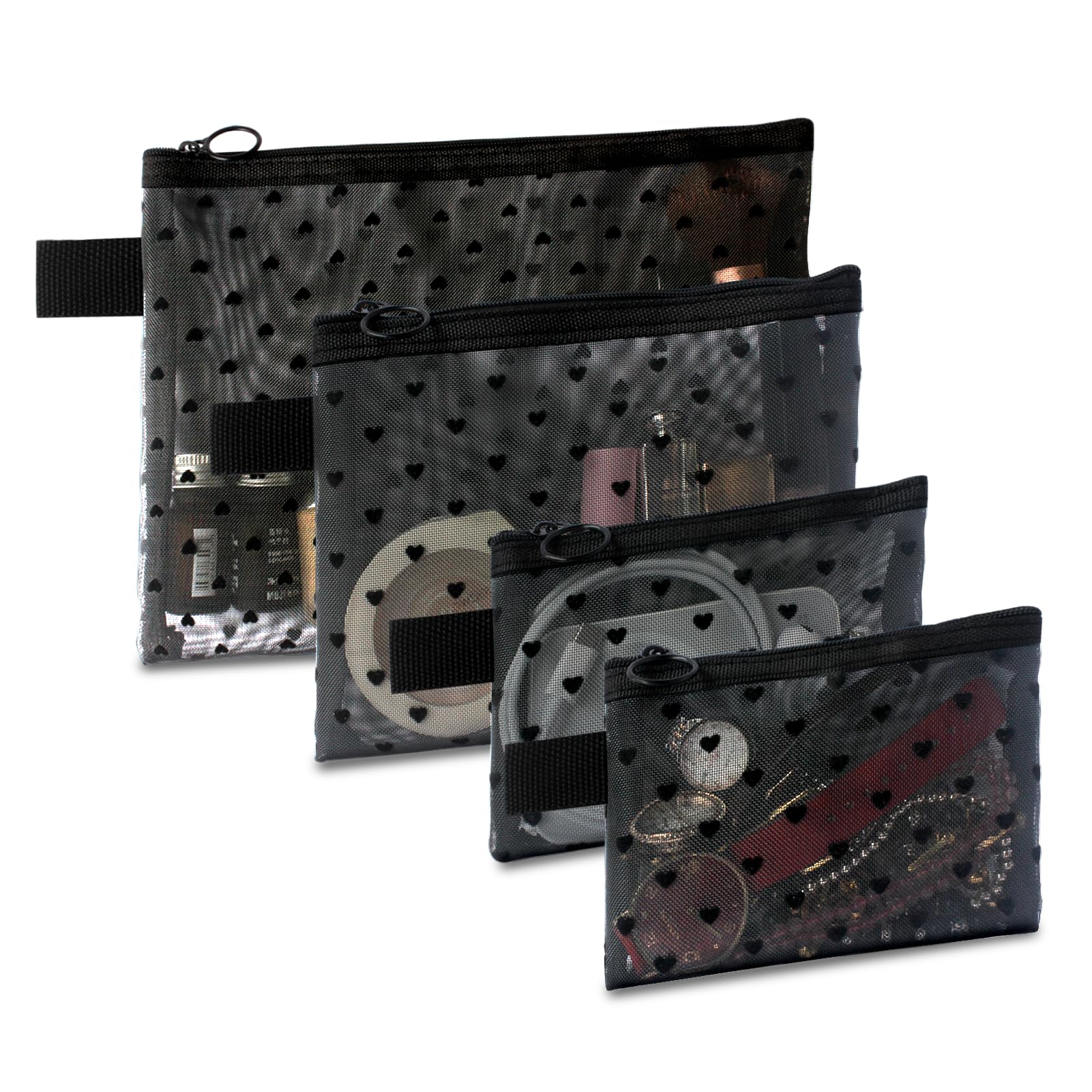TRAKWAN 4-Piece Heart-Printed Mesh Makeup Bag Set – Black Portable Travel Pouches