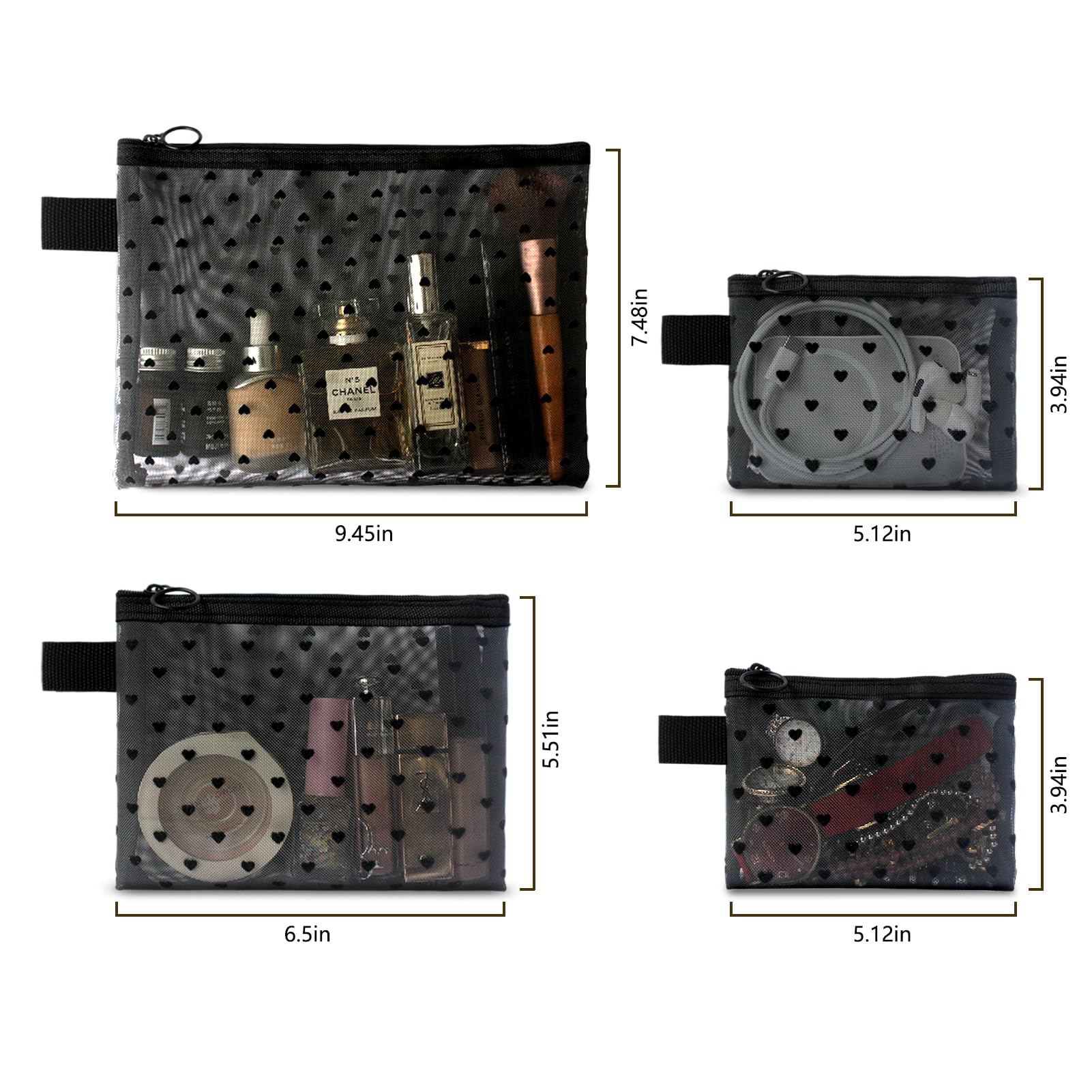 TRAKWAN 4-Piece Heart-Printed Mesh Makeup Bag Set – Black Portable Travel Pouches