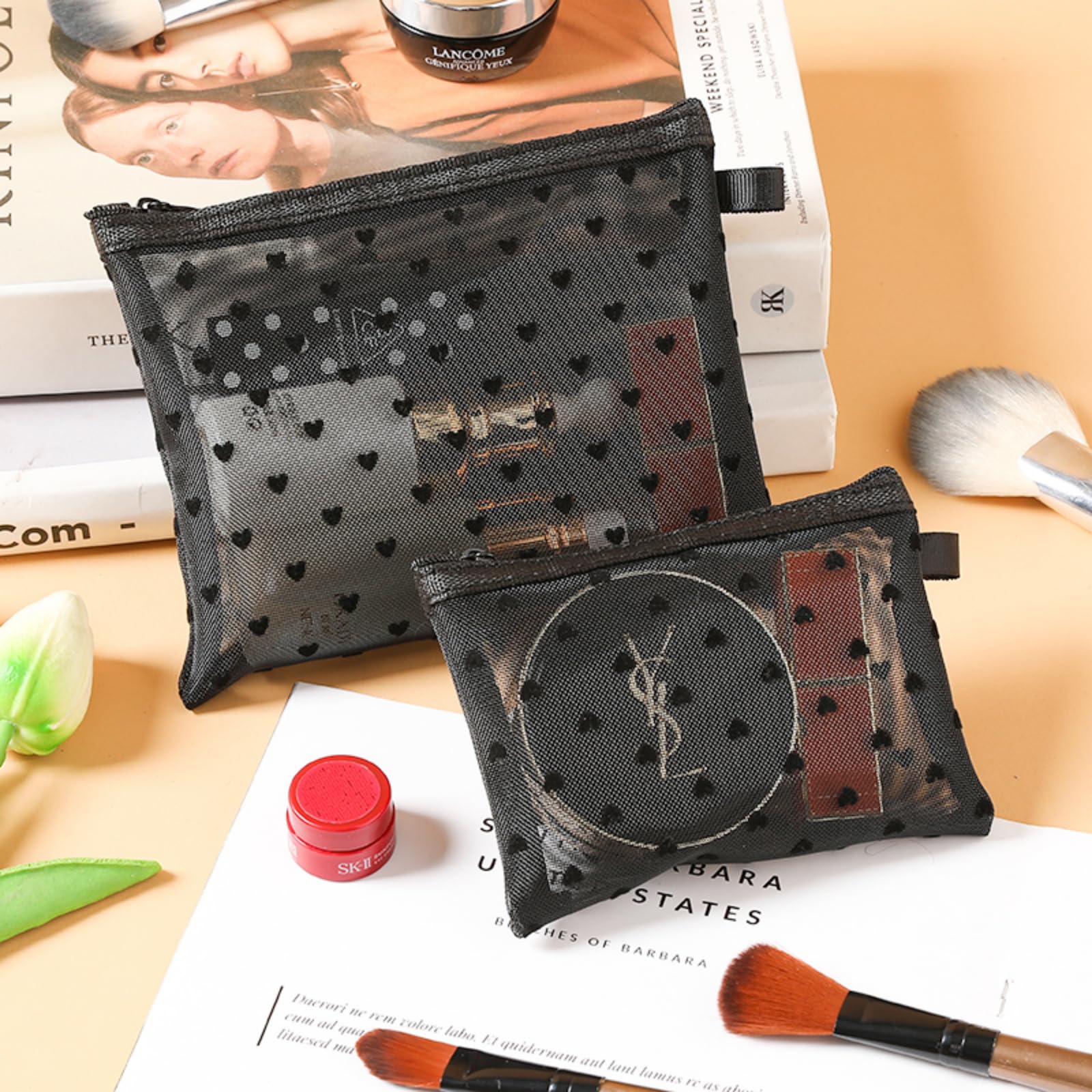 TRAKWAN 4-Piece Heart-Printed Mesh Makeup Bag Set – Black Portable Travel Pouches