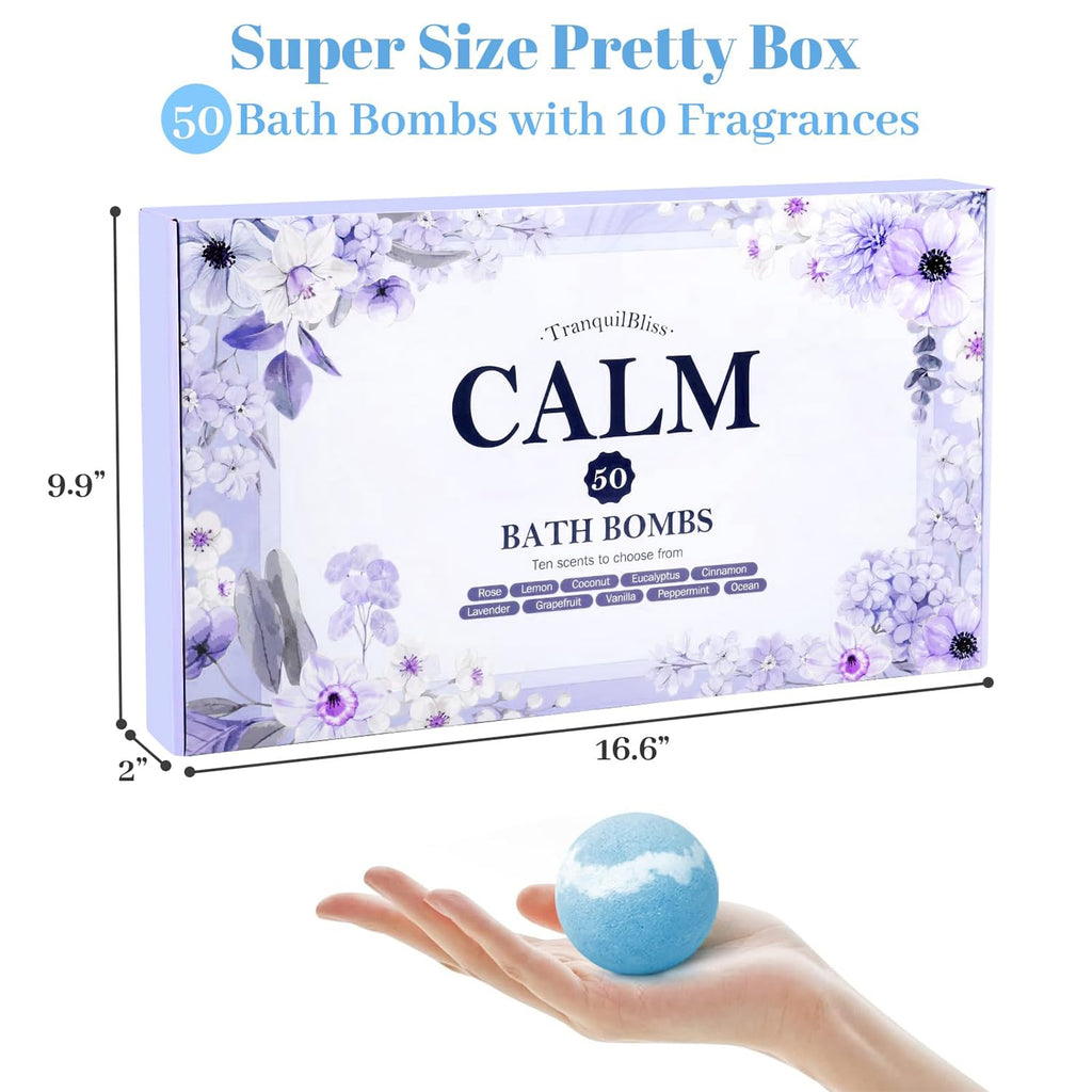 TranquilBliss Bath Bombs Set — 50-Piece Gift Box with 10 Scents, Shea Butter & Safe Oils (Purple)