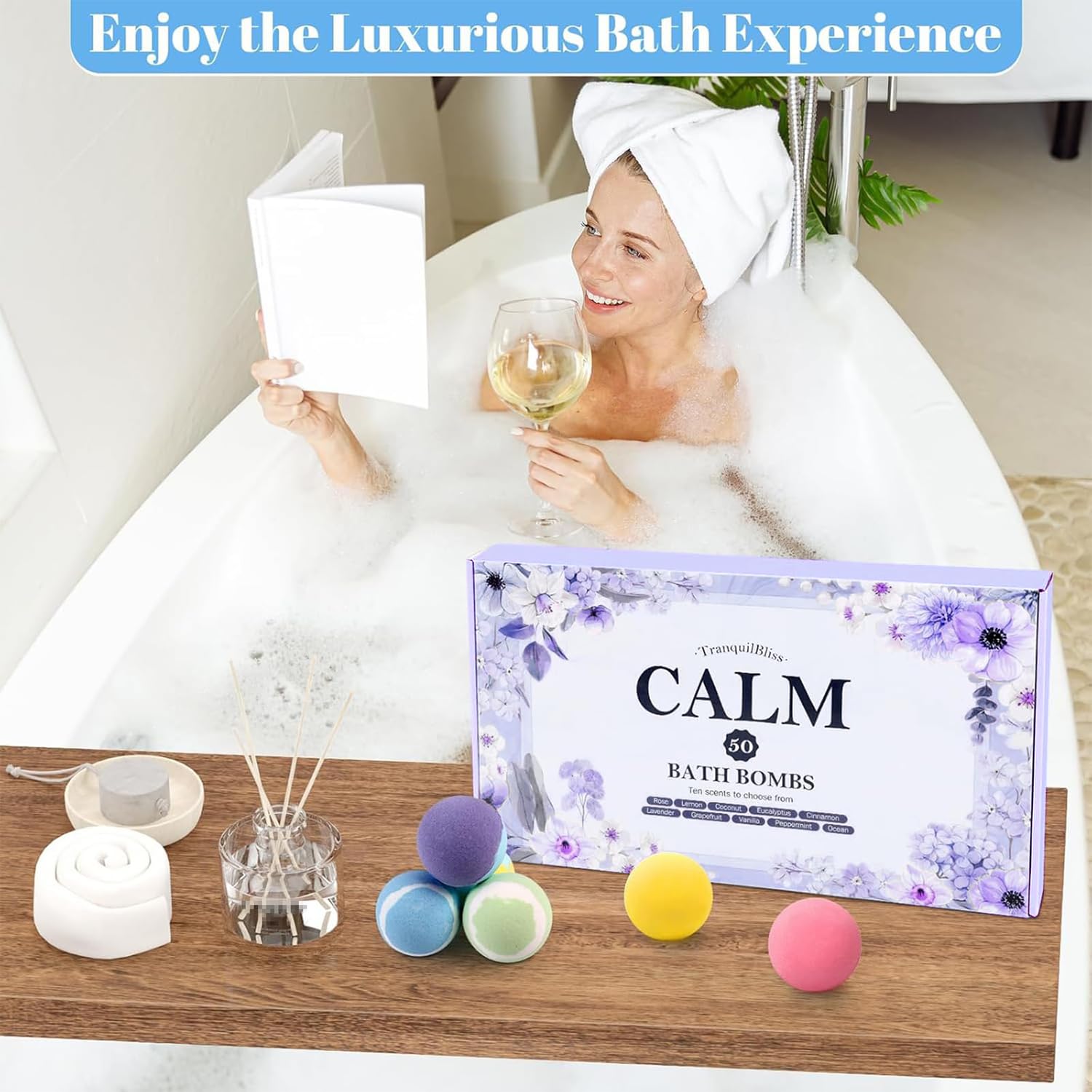 TranquilBliss Bath Bombs Set — 50-Piece Gift Box with 10 Scents, Shea Butter & Safe Oils (Purple)