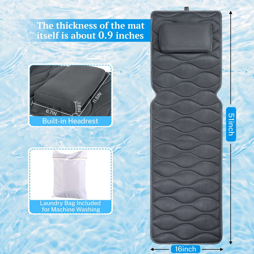 TranquilRelax Bath Pillow with 17 Suction Cups – Extra Thick Head & Neck Support, 51 x 16 in, Grey