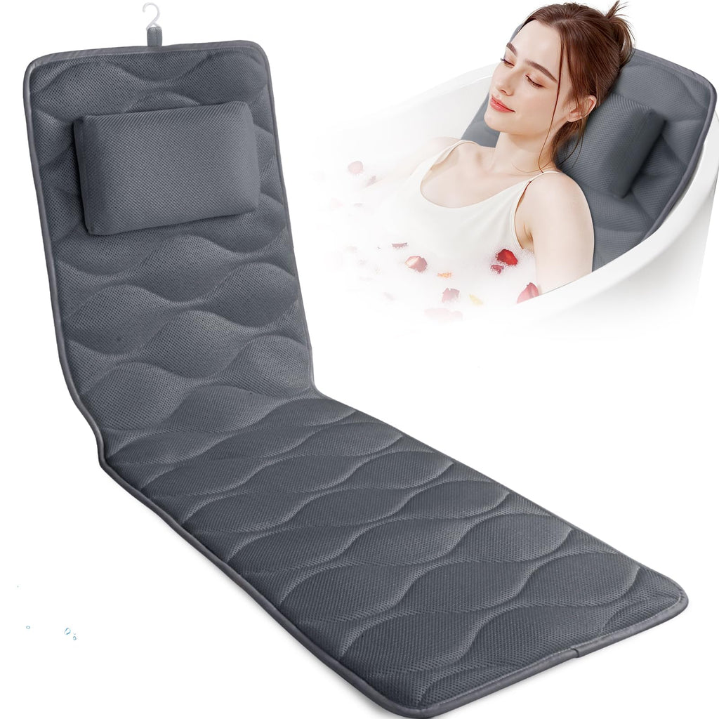 TranquilRelax Bath Pillow with 17 Suction Cups – Extra Thick Head & Neck Support, 51 x 16 in, Grey