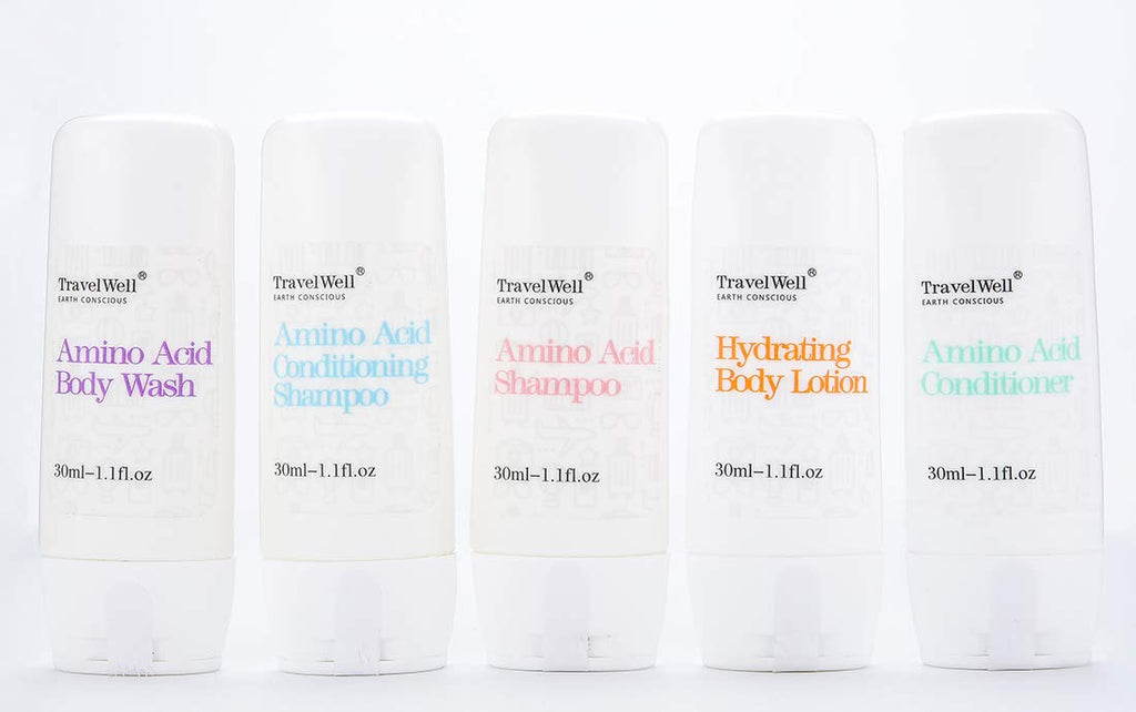Travel Well Mini Shampoo & Conditioner Set – Amino Acid Hotel Amenities (25 x 1.01 fl oz bottles + 25 mini bars)