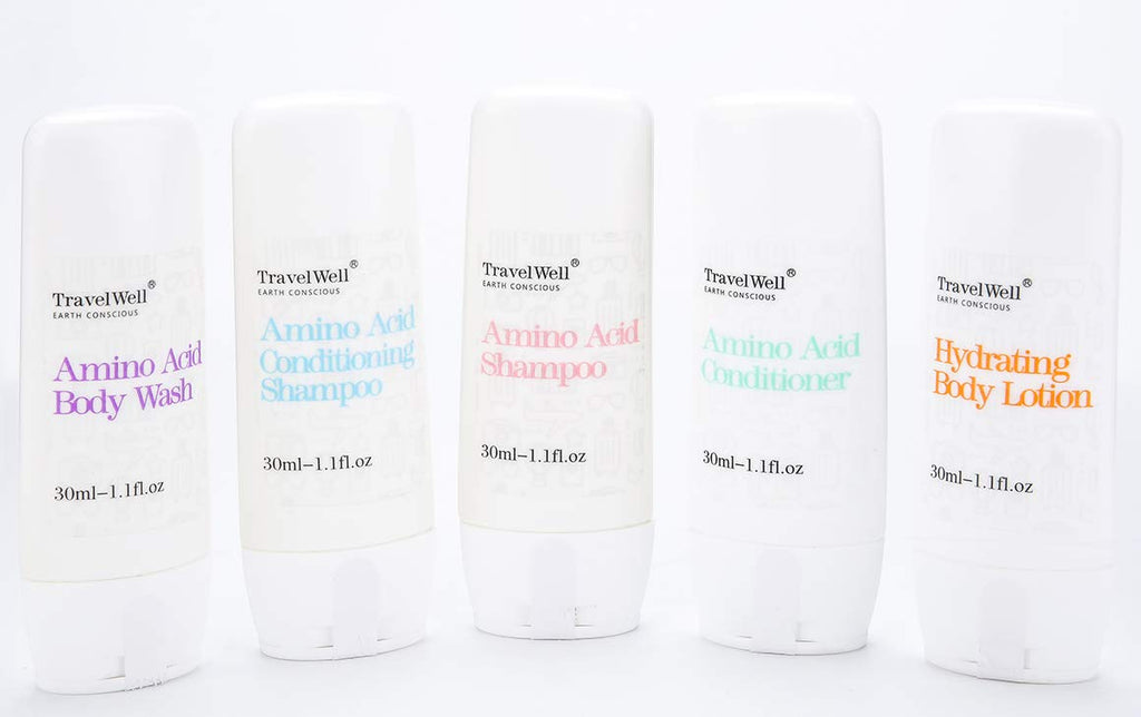 Travel Well Mini Shampoo & Conditioner Set – Amino Acid Hotel Amenities (25 x 1.01 fl oz bottles + 25 mini bars)