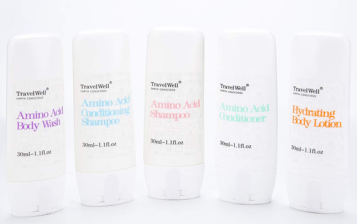 Travel Well Mini Shampoo & Conditioner Set – Amino Acid Hotel Amenities (25 x 1.01 fl oz bottles + 25 mini bars)