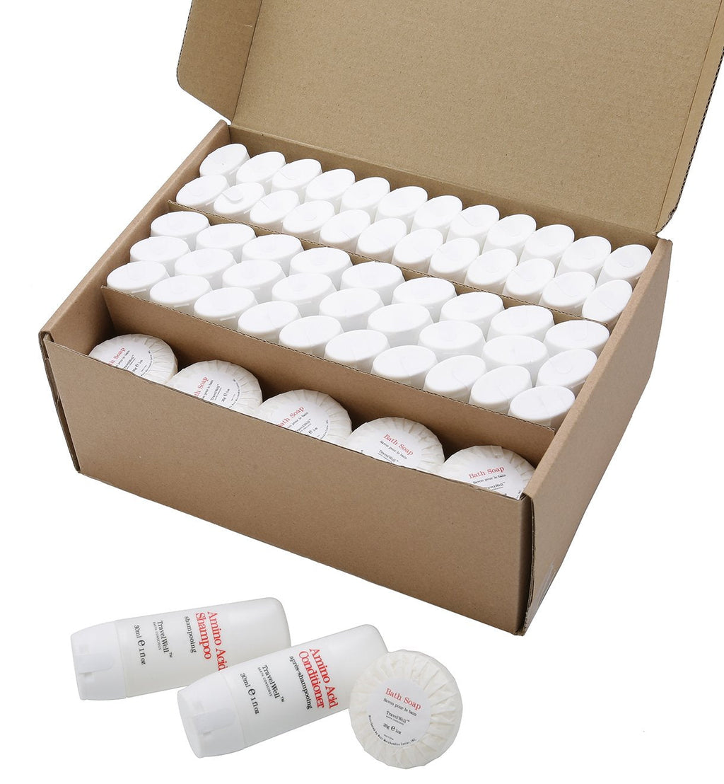 Travel Well Mini Shampoo & Conditioner Set – Amino Acid Hotel Amenities (25 x 1.01 fl oz bottles + 25 mini bars)