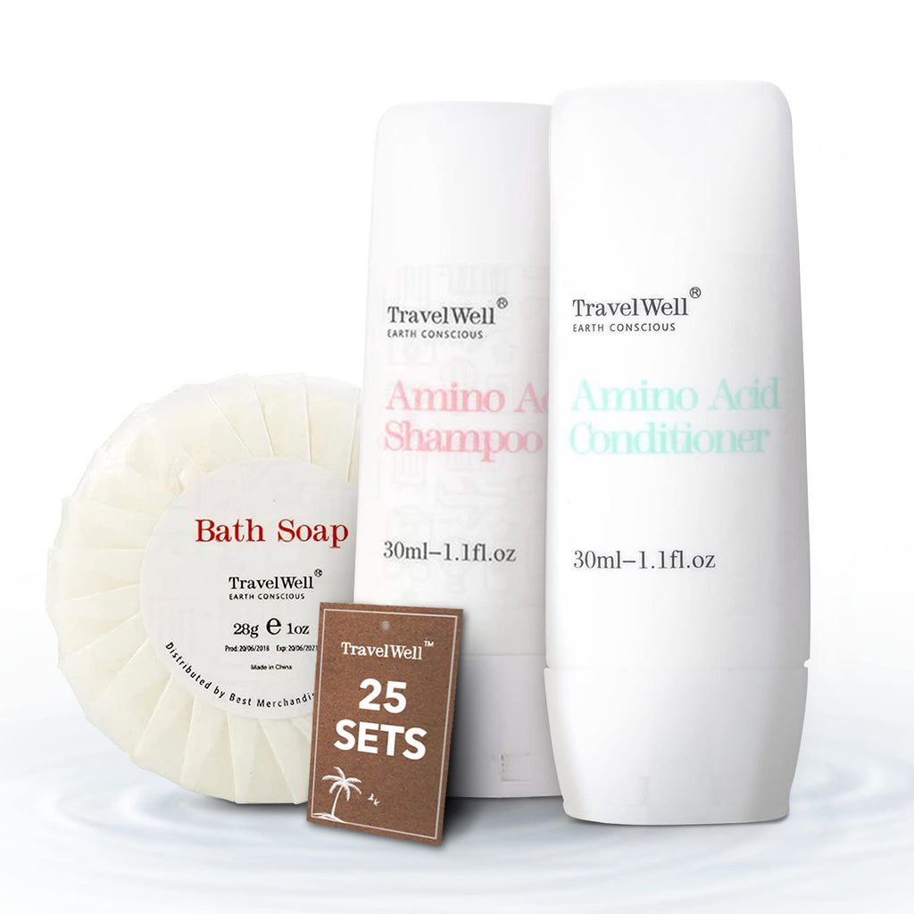 Travel Well Mini Shampoo & Conditioner Set – Amino Acid Hotel Amenities (25 x 1.01 fl oz bottles + 25 mini bars)