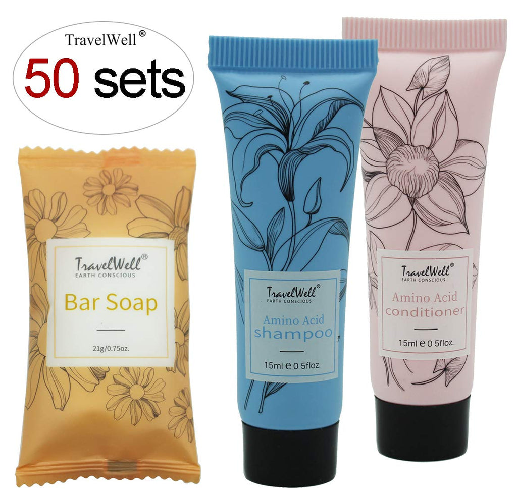 Travel Well Mini Shampoo & Conditioner Set with Soap Bars – 150-Piece Hotel Toiletries Bulk