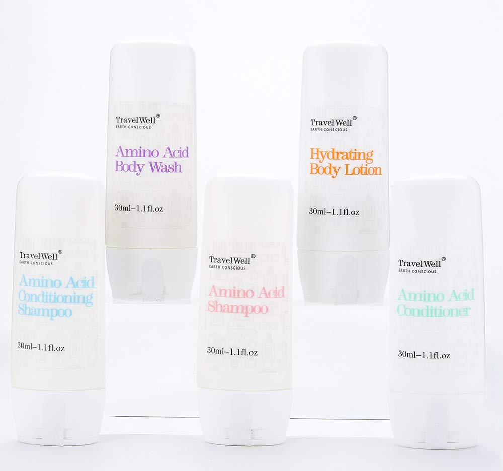Travel Well Mini Shampoo & Conditioner Set – Amino Acid Hotel Amenities (25 x 1.01 fl oz bottles + 25 mini bars)