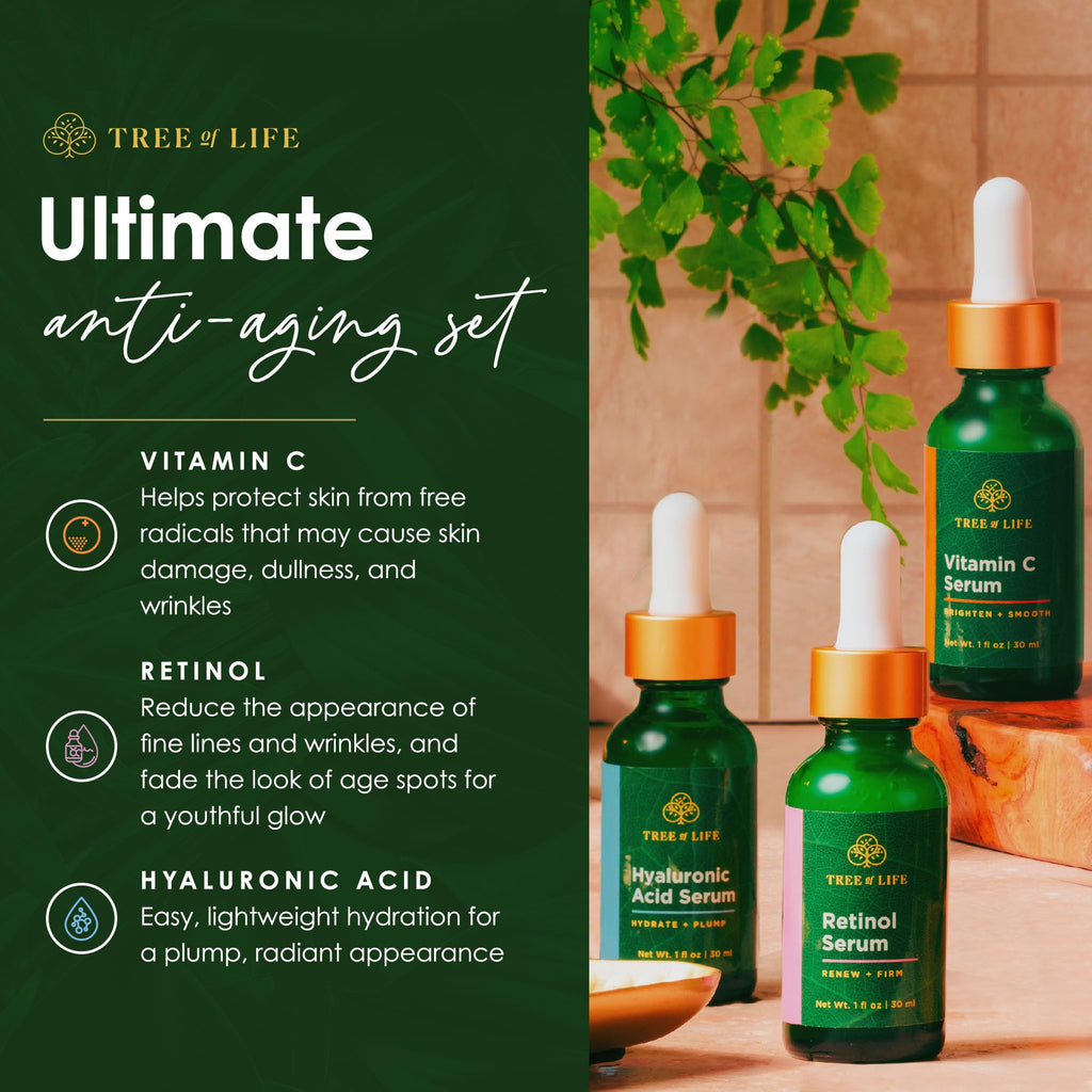 Tree of Life Beauty Facial Serum Trio — Vitamin C, Retinol & Hyaluronic Acid Kit