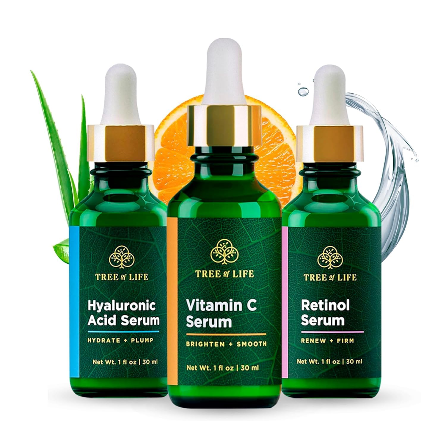 Tree of Life Beauty Facial Serum Trio — Vitamin C, Retinol & Hyaluronic Acid Kit