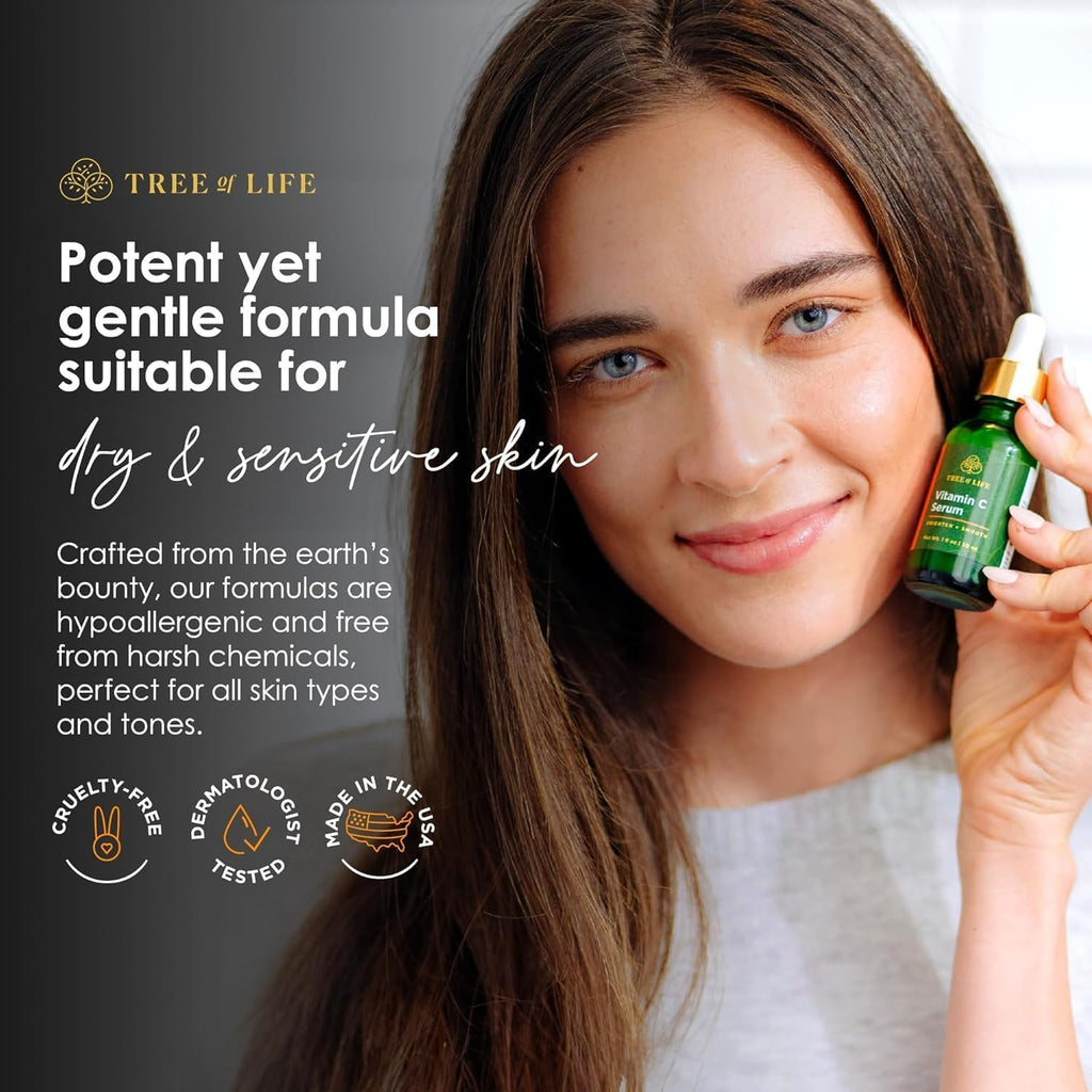 Tree of Life Beauty Vitamin C Skin Care Set | Hyaluronic Acid & Vitamin E for Dry & Sensitive Skin | 2 x 1 oz