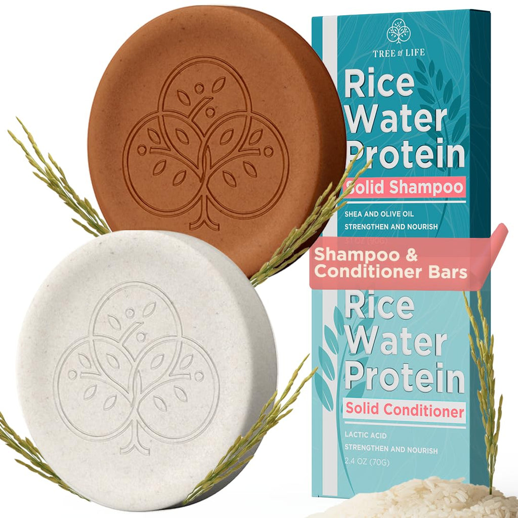 Tree of Life Rice Water Shampoo Bar & Conditioner Bar Set – Sulfate-Free, Frizz Control, Silky Shine
