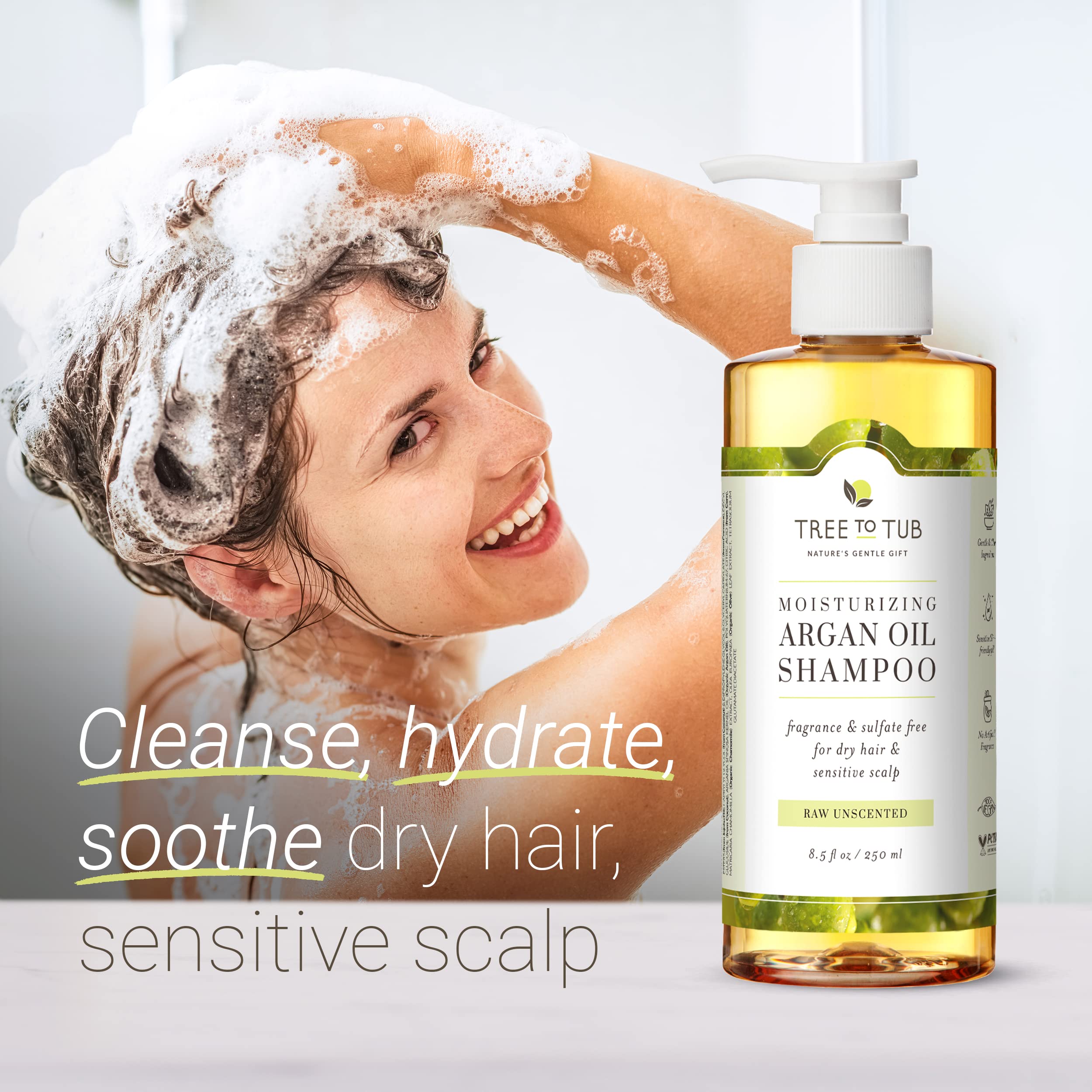 Tree to Tub Fragrance Free Shampoo for Dry & Sensitive Scalp – Unscented Hydration with Argan Oil