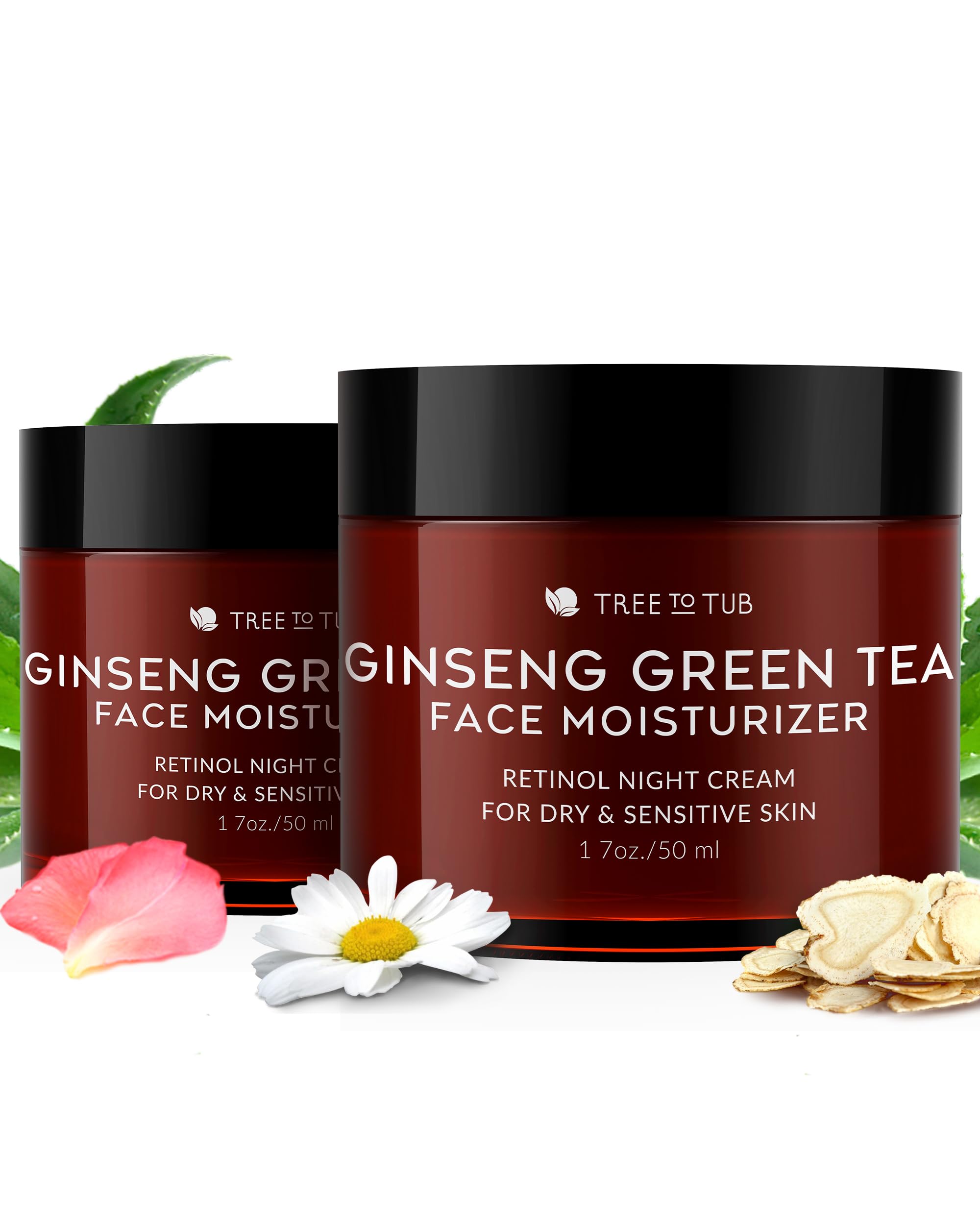 Tree to Tub Retinol Anti Aging Face Moisturizer for Dry & Sensitive Skin - Hyaluronic Acid Night Cream with Organic Aloe, Vitamin A & E | 2 Pack