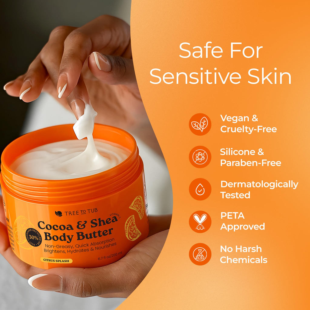 Tree to Tub Shea Body Butter for Dry Skin – Hydrating Cocoa Butter, Vitamin C, Citrus Scent
